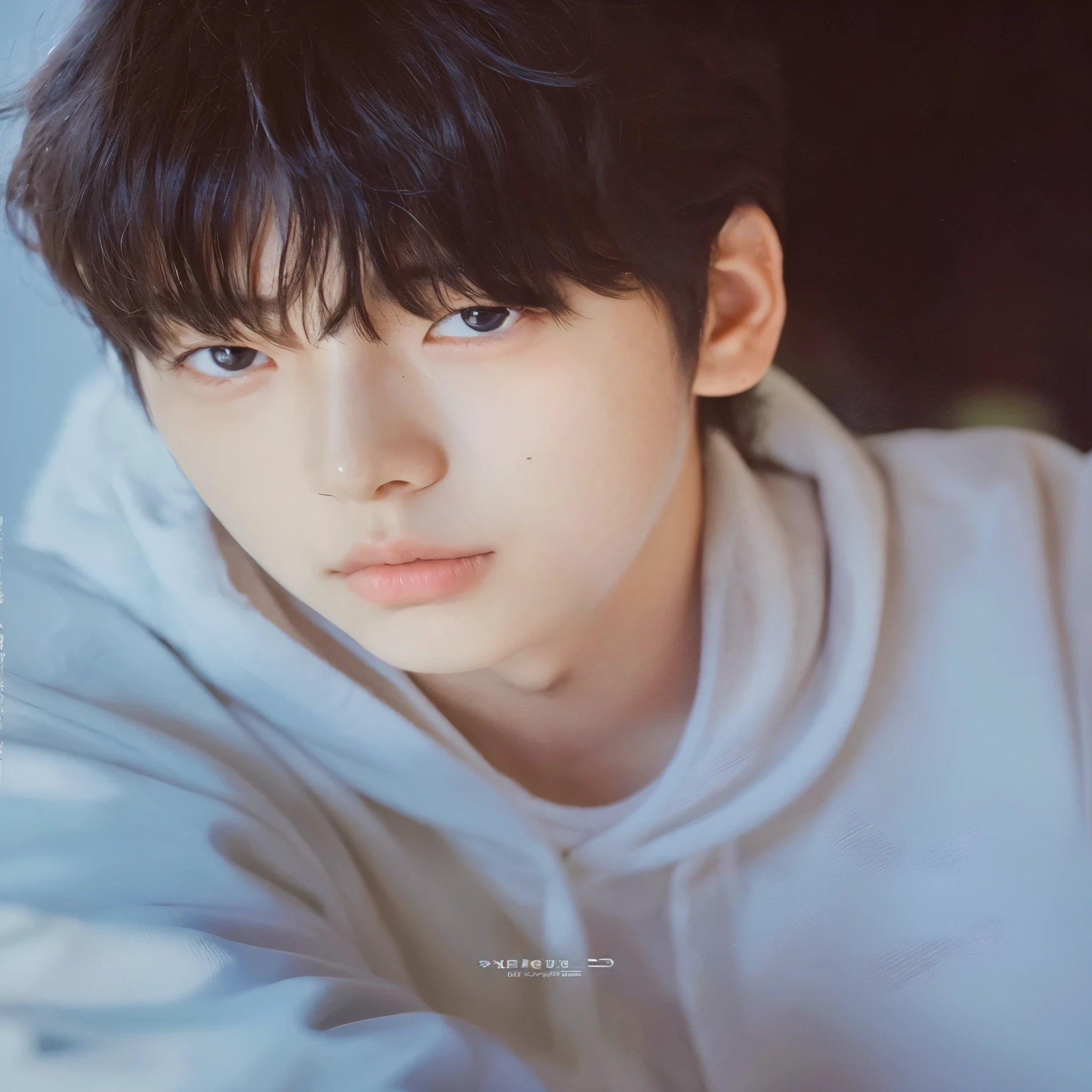 handsome and delicate boy, black hair with dark blue rays, soft skin and small moles, slightly red cheeks without exaggeration. Soobin txt.
