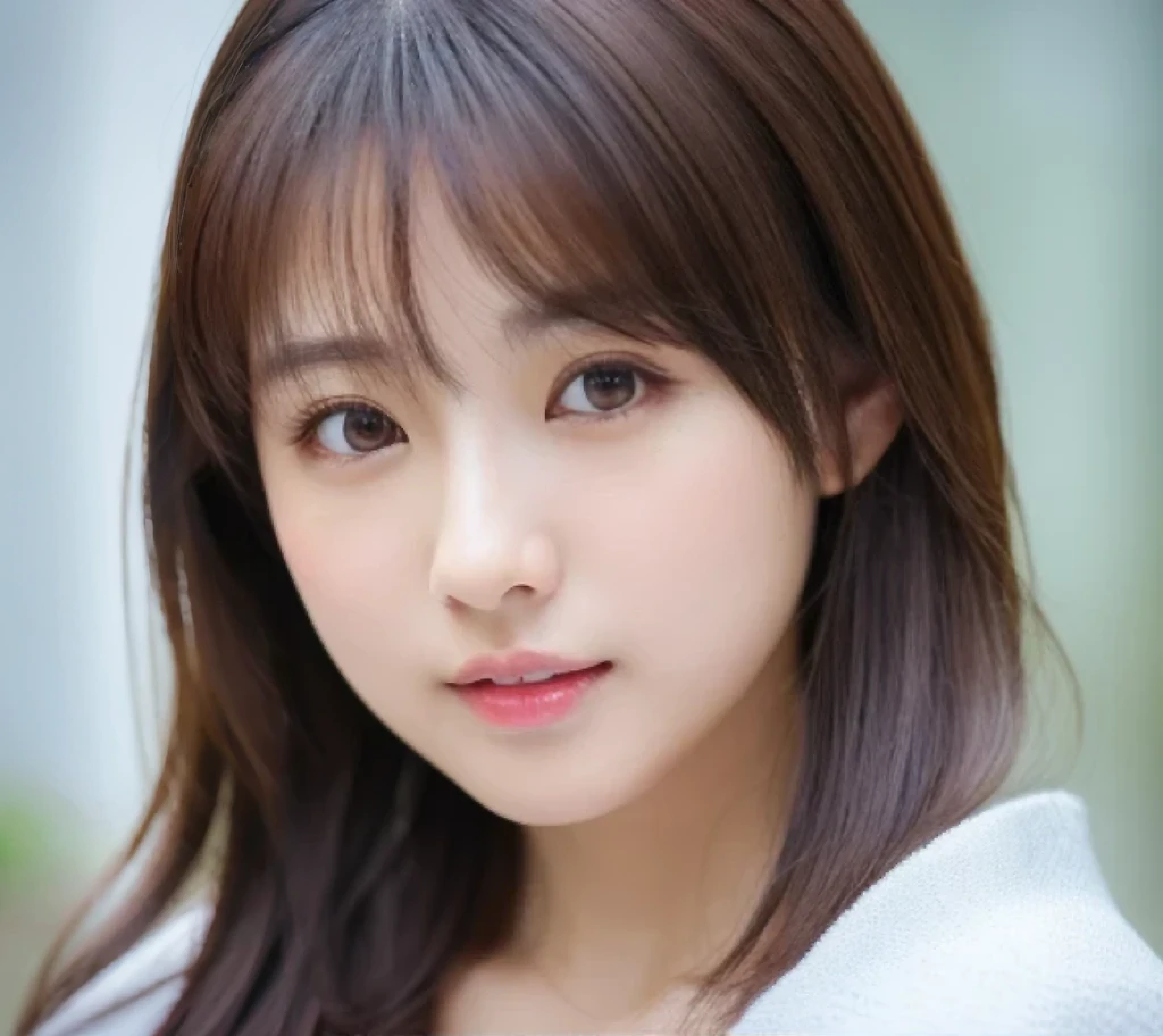 ((cute日本の女の子、beautiful japanese girl、1 girl、19 years old、ponytail、Highly detailed face and skin texture、super detailed face、highly detailed eyes、Lee Hong、blush、close-up of woman、front、 from the neck up、cute、Highly detailed face and skin texture、smooth white skin、Transparent skin texture、))、(dark brown hair)、looking at camera、sharp focus:1.2、beautiful woman with perfect style:1.4、japanese model、young gravure idol、若いcuteグラビアアイドル、Realistic young gravure idol、sophisticated gravure idol、((highest quality、8k、masterpiece:1.5、1photograph))、(4k、RAWphotograph、highest quality)、Place a person on the other side of the screen、Natural light、professional lighting、(realistic、フォトrealistic:1.5)、