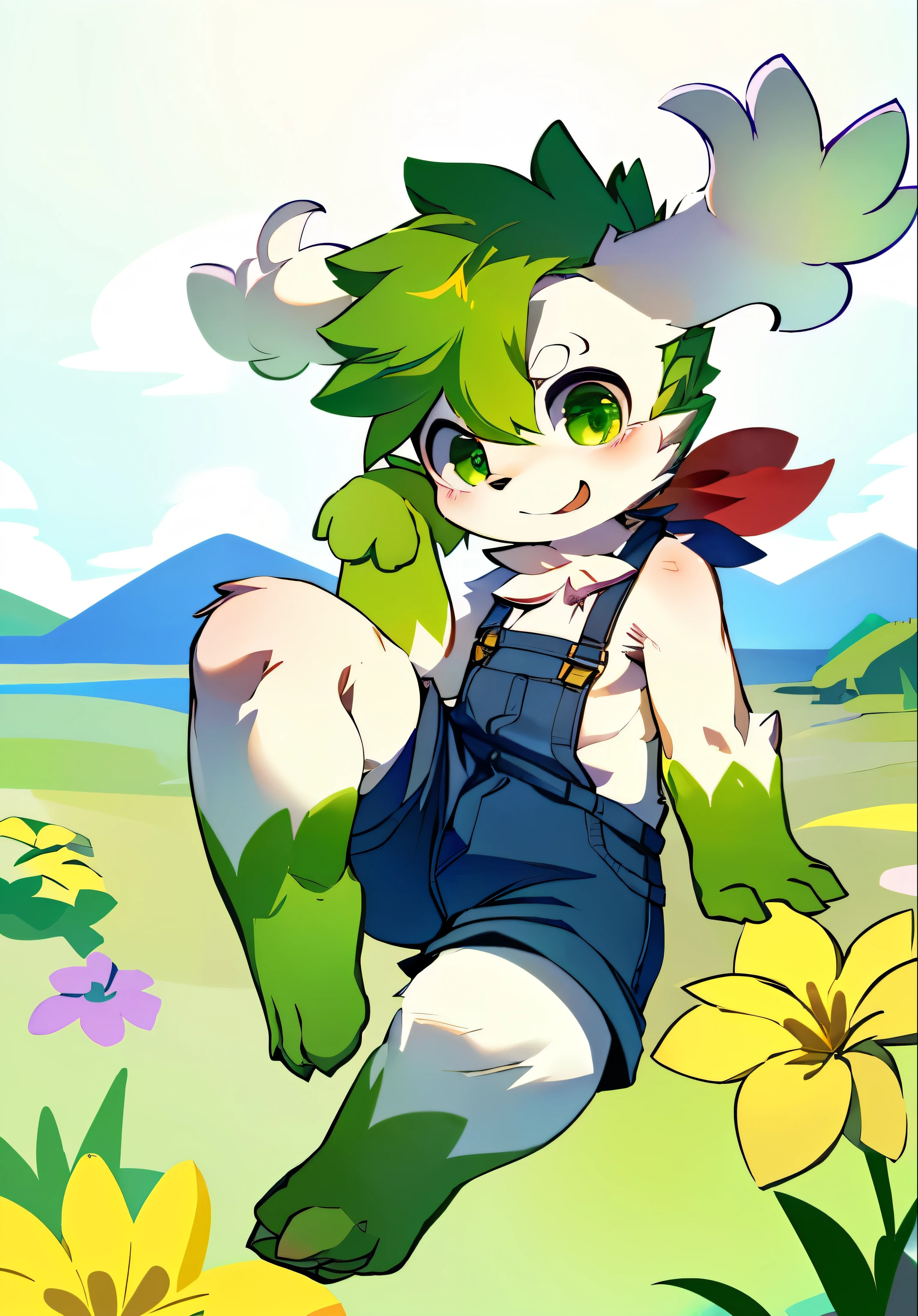 masterpiece,high quality,abstract research,number\(artwork\), through thick snacks, Yes,Kiyoyama,(Hana Charcoalo,fluffy fur,Character focus:1.1),Hana Charcoalo male cat,short hair,portrait , eyes are very bright, panoramic, Character focus.(Detailed background:0.7), alone, hairy, hairy male, scheeming,Half天空造型,Half,male focus, juvenile,Shota,little boy,Hana Charcoal,(全身hairy的, hairy的尾巴, white fur, green eyes, green hair,Green paws,green feet:1.2), (canine、overalls shorts:1.2),(External、noon、flower field:1.1)Mountains and fields,Alps,Many flowers,Leather pants,Lovely,proudly,vitality,naughty,make faces,red scarf,big ear