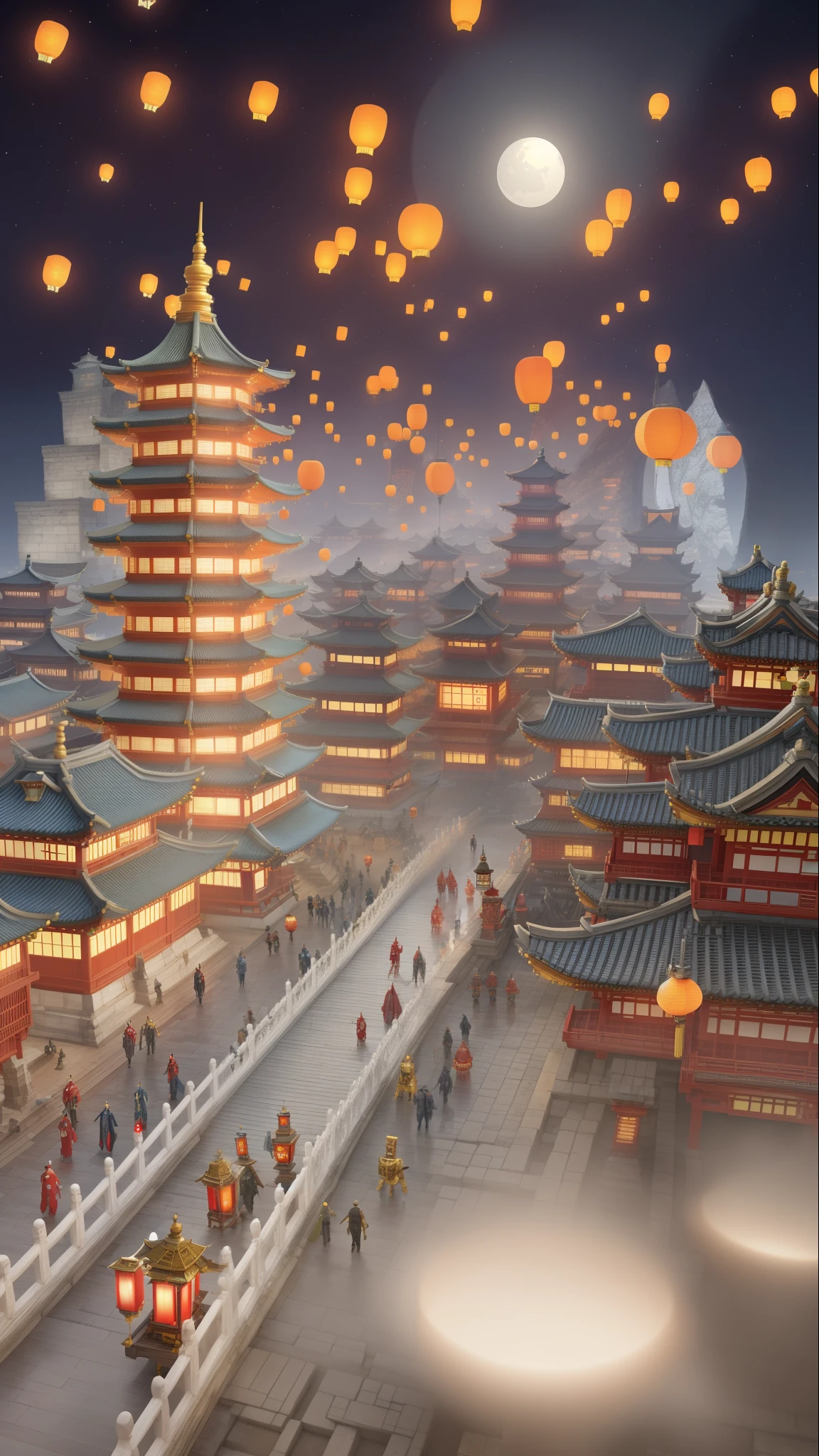 ((Chinese landscape)),Chinese people celebrate National Day,beijing,Tiananmen,Forbidden City complex,Great wall,palaces,Balloons fluttering,Fireworks explode in the distance,cloudless sky,White clouds,blue backdrop,(A complete painting),(Extremely detailed picture),(light and shadow effect),(Movie lighting),(cinema4d),(Light particle tracing),(rendering by octane),(Layered artistic effects),(Best Painting),(Master painting),(8K分辨率),photorealestic,1.4 realism,Colorful colorful,Bright colors