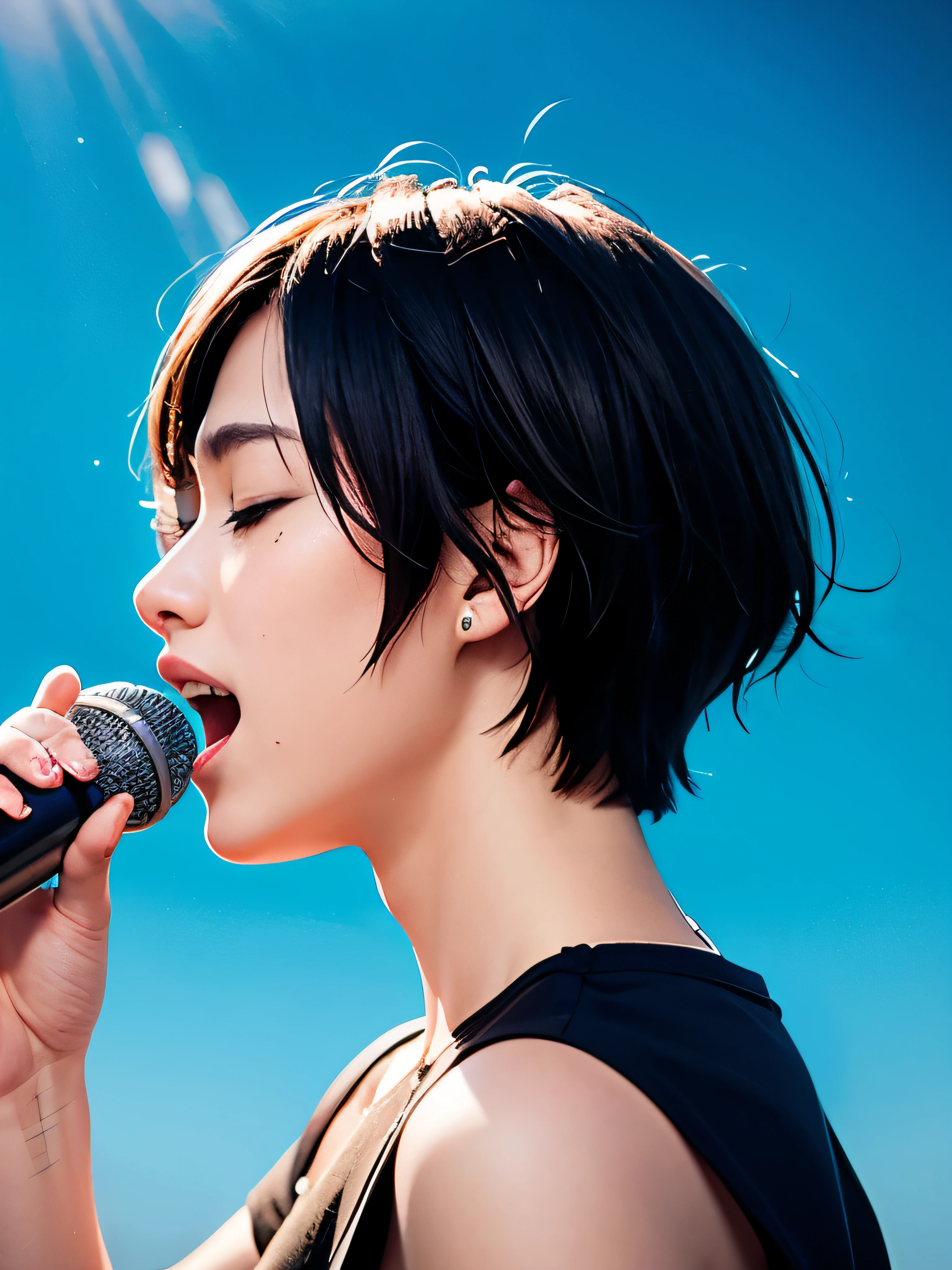 highest quality, wide angle, high school student, profile, black hair, sing with short hair, microphone, closed my eyes, bright colors, bright colors, Musical notes that float like magic