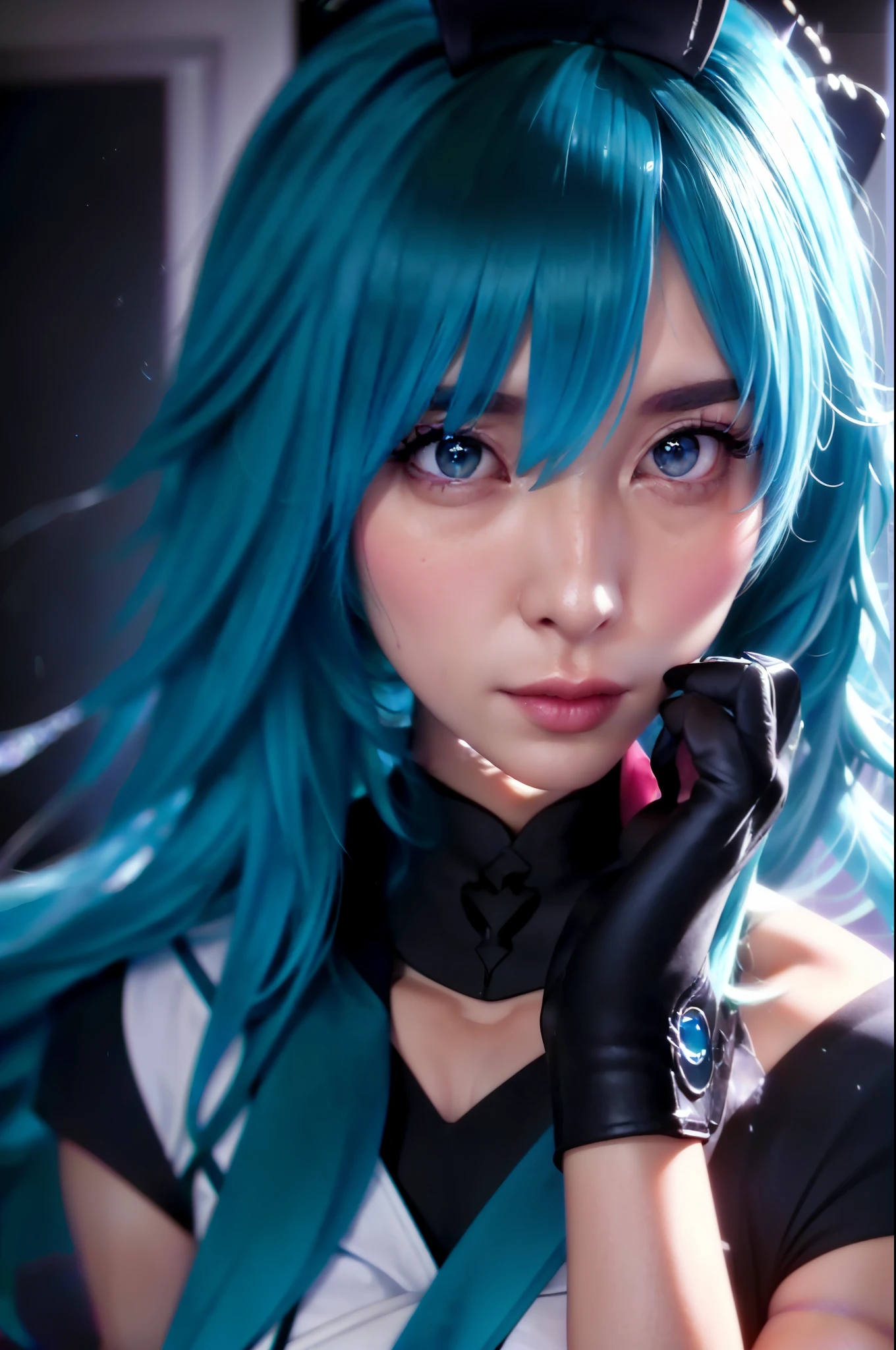 blue hair、Arafad woman wearing black gloves talking on mobile phone, mikudayo, Cyan hair anime girl, 8K Artgerm bokeh, Portrait of Hatsune Miku, Hatsune Miku portrait, Anime style mixed with Fuji film, blue hair girl, surreal anime, Realistic anime art style, artgerm on artstation pixiv