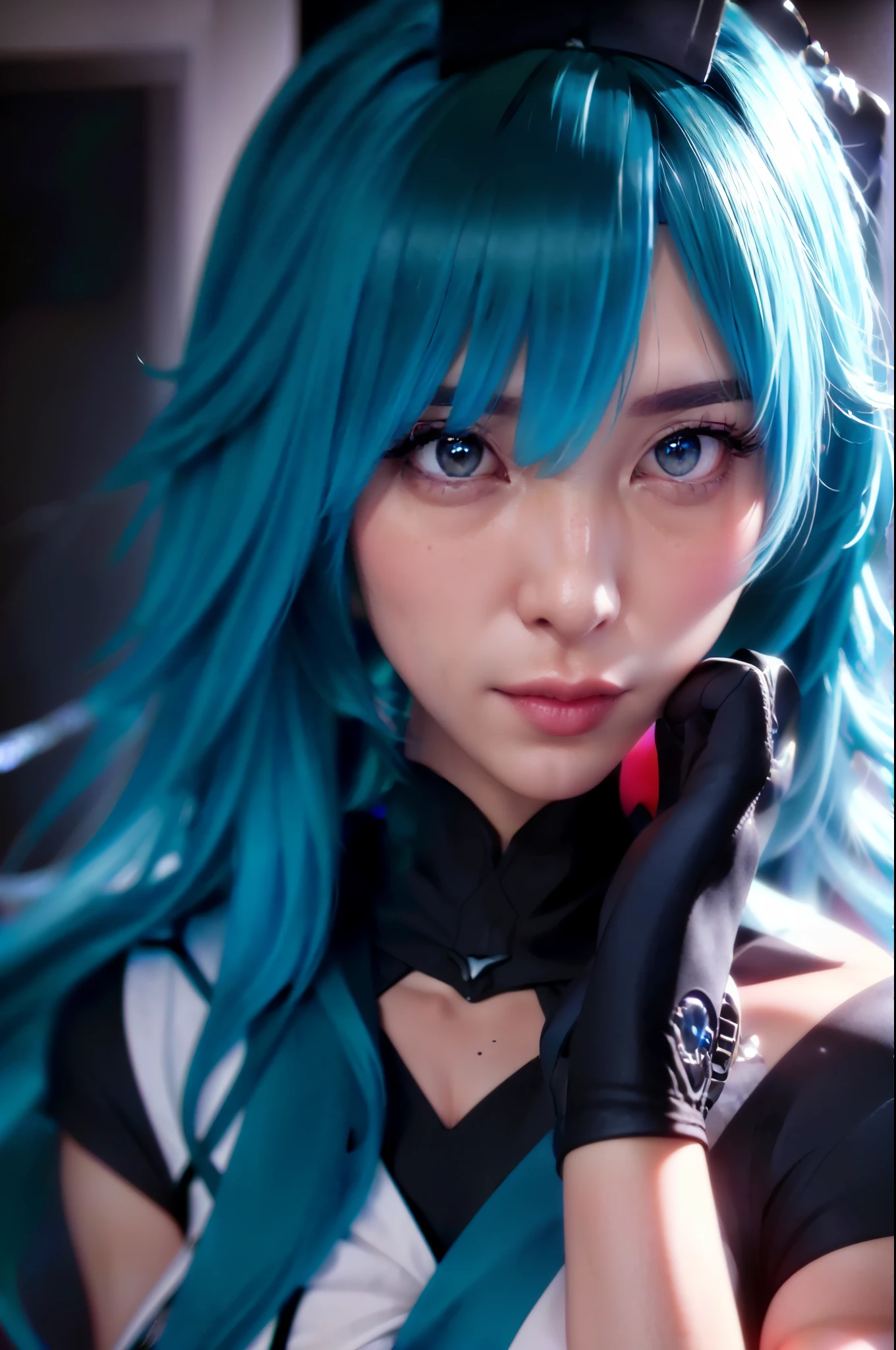 blue hair、Arafad woman wearing black gloves talking on mobile phone, mikudayo, Cyan hair anime girl, 8K Artgerm bokeh, Portrait of Hatsune Miku, Hatsune Miku portrait, Anime style mixed with Fuji film, blue hair girl, surreal anime, Realistic anime art style, artgerm on artstation pixiv