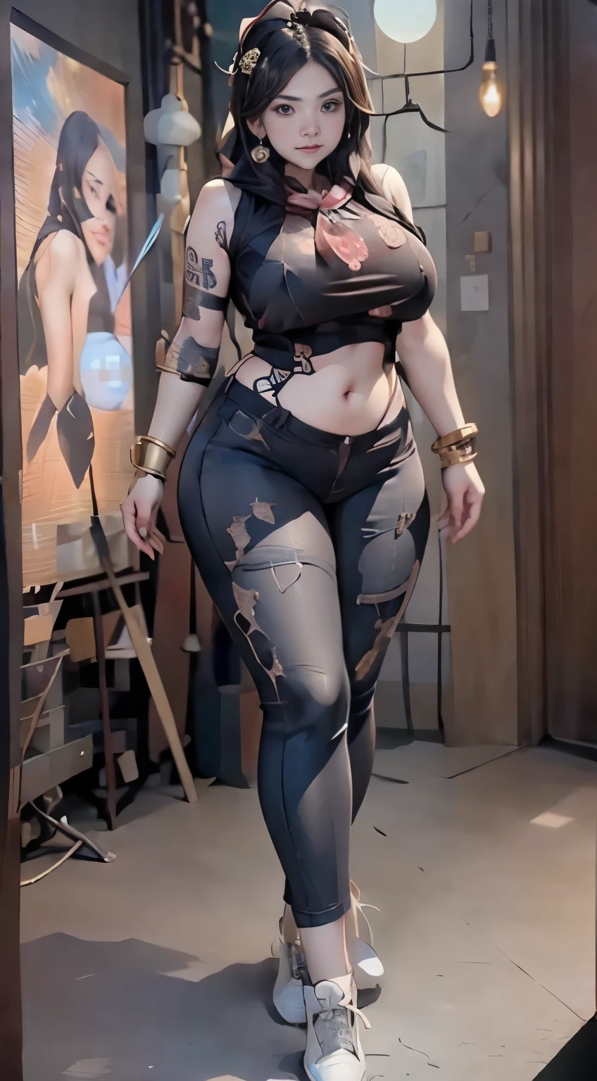 ((best quality)), ((masterpiece)), (detailed), perfect face, araffe woman thick and thight long pants posing for a picture, curvy model,, curvy hourglass figure, sexy longest hand t-shirt, thicc, beautiful full body shot, soft curvy shape, in a longest hand t-shirt, a beautiful woman open legs , bbwchan, , armpits, there is a old woman posing in a dark room with a maroon burka clothes , 43 years old, thick body, beautiful thick female, wide hips, thick legs, she has a jiggly fat round belly, thick thighs, curvy hourglass figure, thicc, curvy model, widest hips, hyperrealistic full figure, bbwchan, voluptuous body, thick, tattooed body, tattooed hands, hena on arm, hena in belly, Burka girl, muslim clothes, 43 years old woman. Burka chubby woman, chubby cheeks, wearing a sneakers, bob hairstyle, thick neck, short neck, there is a woman random pose red-brown hijab, bbwchan, thicc, brown hijab outfit, brown hijab fashion model, korean girl, korean woman, wearing brown robe, full length shot, alluring plus sized model, japanese goddess, clothed in hooded, voluptuous and arousing, portrait shot, curvy model, voluptuous body, wonderful, nene tanaka body , bbwchan, The overall atmosphere is smooth , haunting illustrations, extremely high-resolution details, photographic, realism pushed to extreme, fine texture, 4k, ultra-detailed, high quality, high contrast, red sneakers , cold atmosphere ,, 8k resolution , ultra-detailed resolution , wearing long thight pants, random pose with full body , full body, diamond necklace , wearing a watch , thick arm, thick cheeks , wearing a gold Bracelet