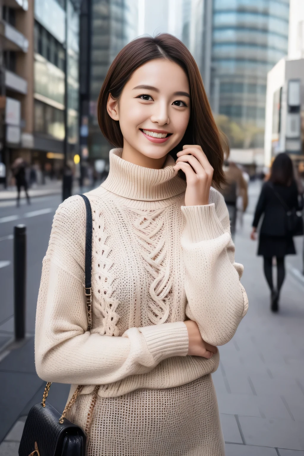 hostess face、sexy face、turtleneck wool sweater、skirt、high quality、surreal、healthy、smile、Perfect slender figure、beauty of japan、 perfect eyes、radiant beautiful skin、Upper body、Tokyo skyscrapers