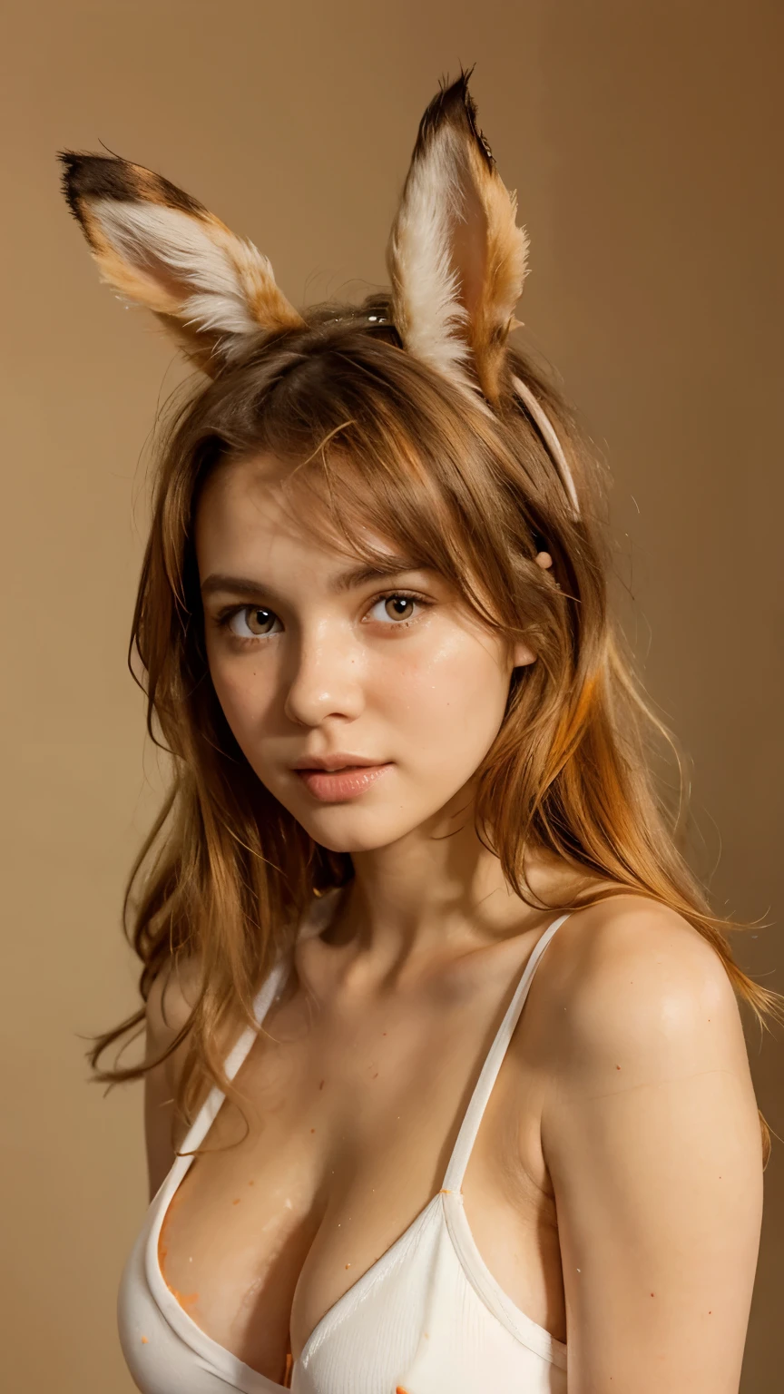 An bunny girl, charming face , highlighted messy hair,orange and white colored outfit, hot body view, (skin pores), ultra quality, half body portrait, vibrant colors background, warm lighting,blurred background