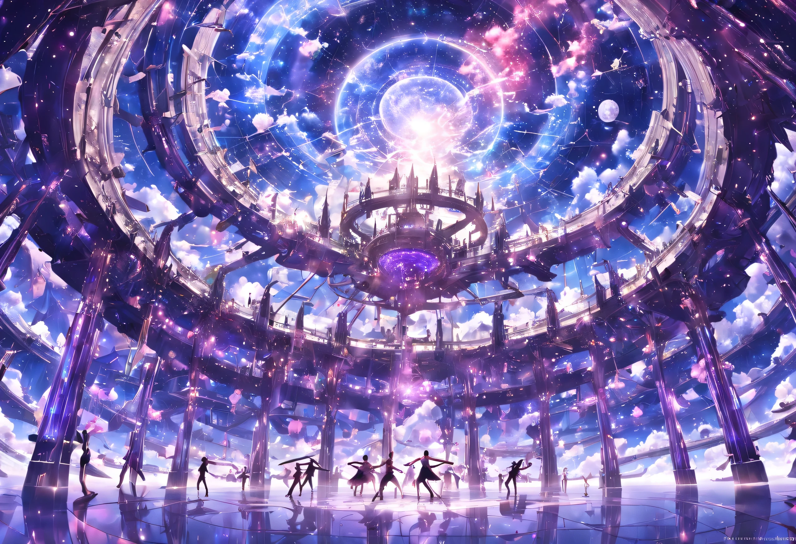 high-end dance club in a pristine fantasy cloud arcology edge of the universe, masterpiece