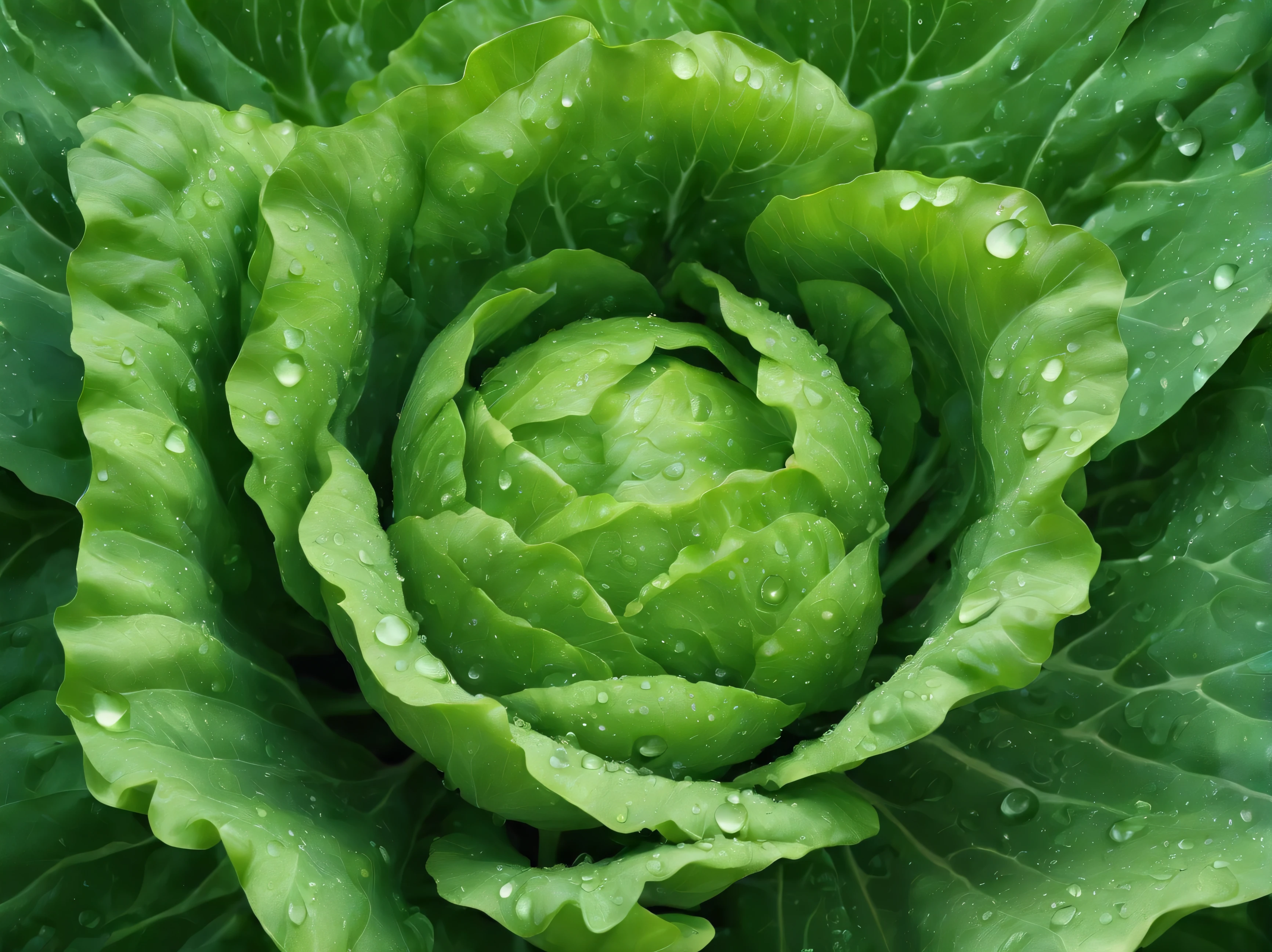 Image of an extremely realistic American lettuce plant with water droplets to showcase a healthy and organic appearance
