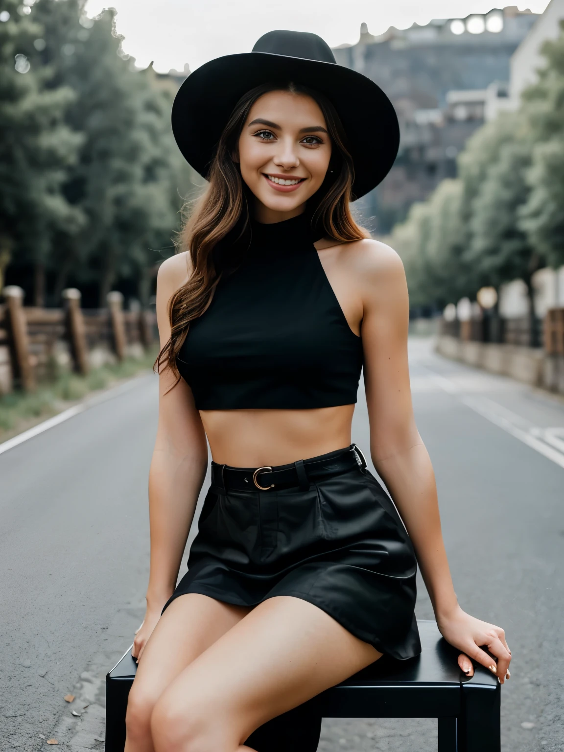 Photoshoot A beautiful European woman, smiling, sitting on a fashionable chair, fashionable western dress, black croptop, smokey road background