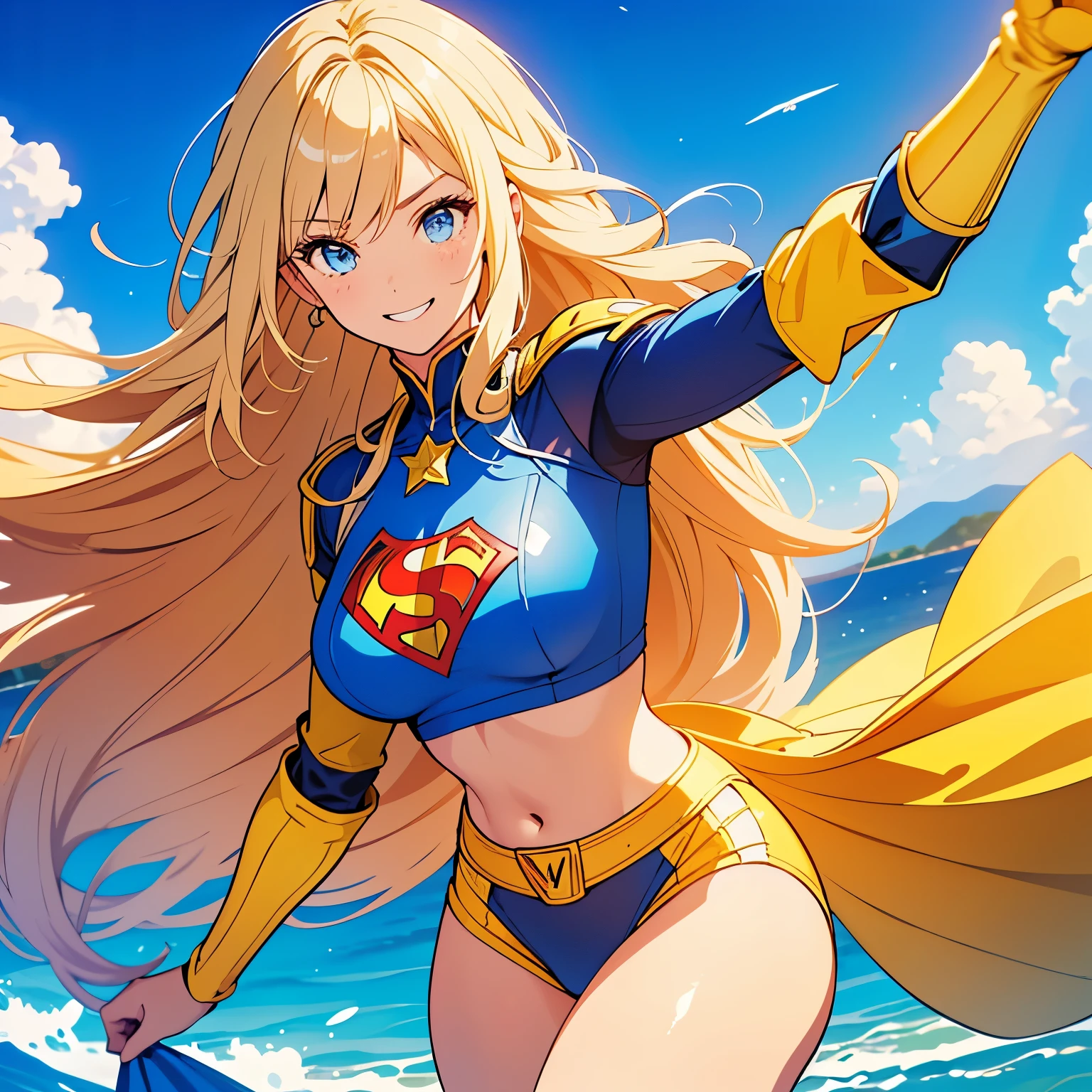 capitana marvel. beautiful girl 22 years old superhero. cabello rubio brillante sonrisa, rubor, ojos celestes. pechos grandes, blue and yellow superhero costume. volando por el cielo , cabello rubio . piel clara rubia. pechos grandes. cuerpo completo