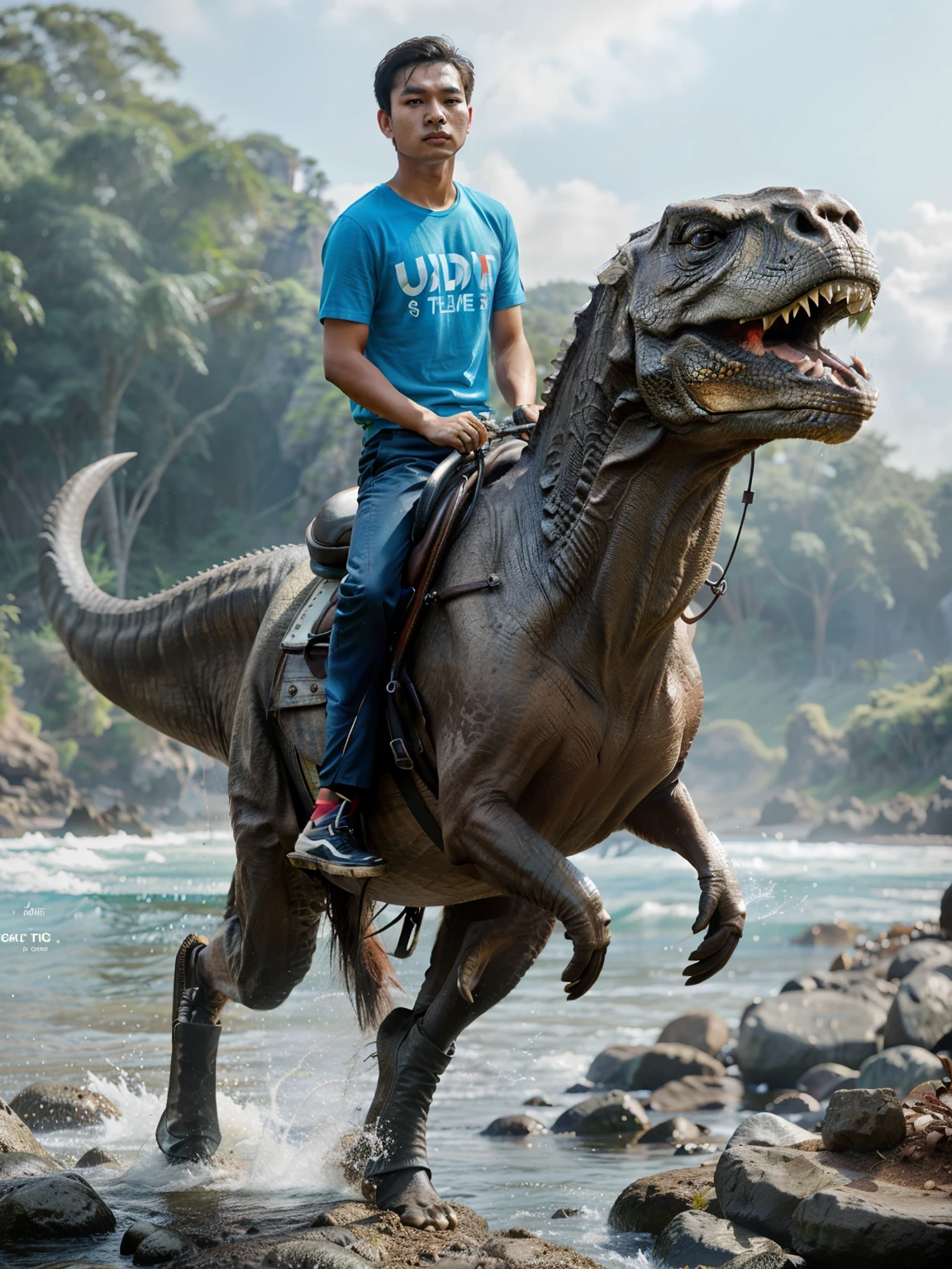 Create photo-realism, Indonesian young man oval face short hair, blue t-shirt written on the chest "ADI" riding on the back of a saddled T-Rex, HD 4k high detail ultra realistic dynamic hyper realistic oled, HD 4k high detail ultra realistic vibrant hyper realistic oled , subsurface scattering, amazing fine detail, on a rocky riverbank