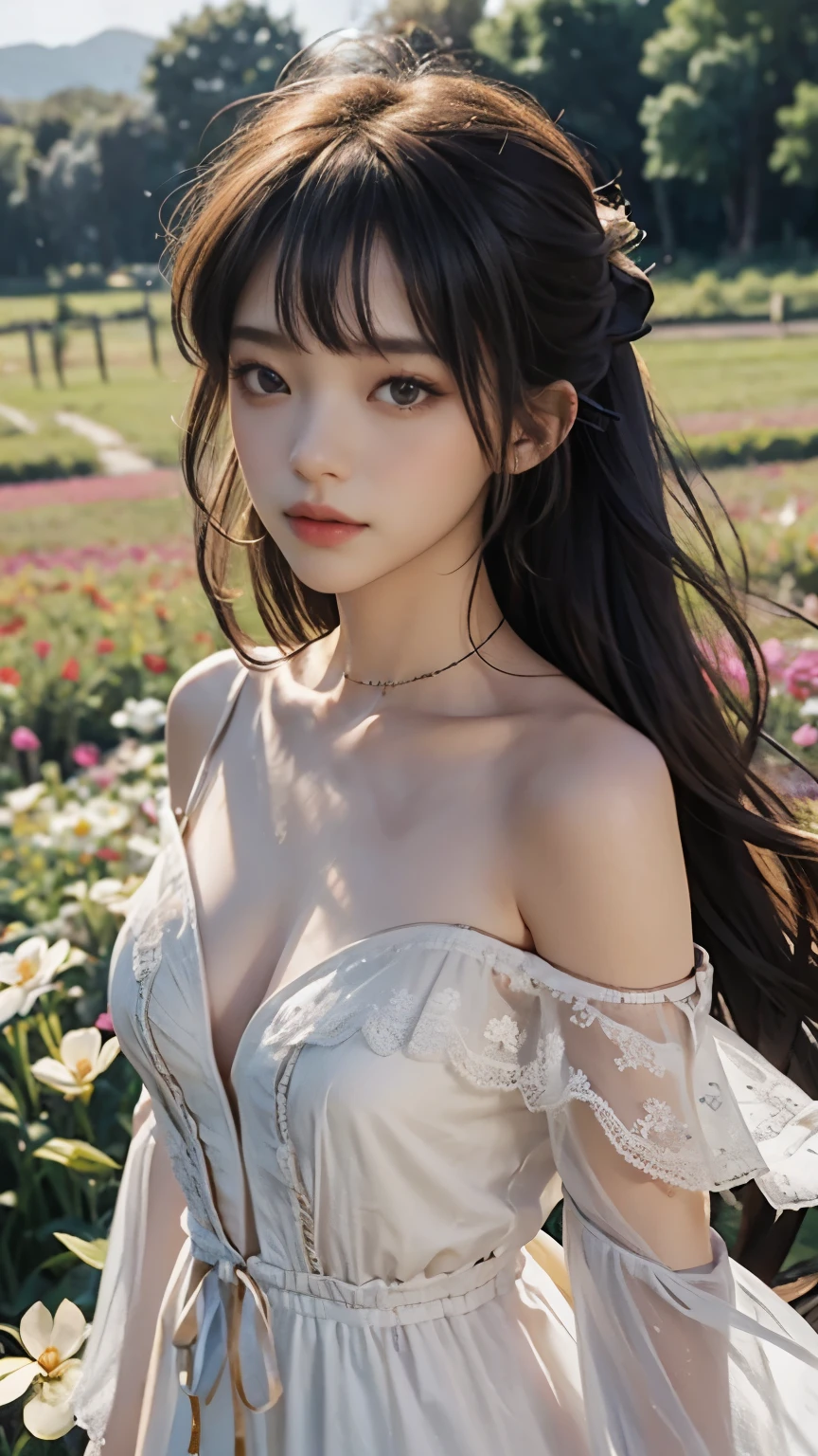 hair bang, ribbon hair pin, skin pores, shining skin, deep-v neck off shoulder dress,, in flower field, lovely, beautiful, chest shoot focus