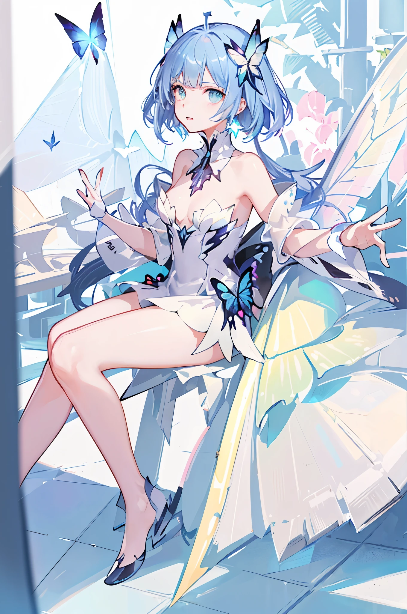 hatch (texture),close up,portrait,1 girl, gemstone Butterfly wings dress,  Mecha, diamond, bare shoulders, Butterfly, looking at the audience, in the sky, flight, bright colors, light, (Ray tracing:1.4), depth of field, masterpiece, best quality, 