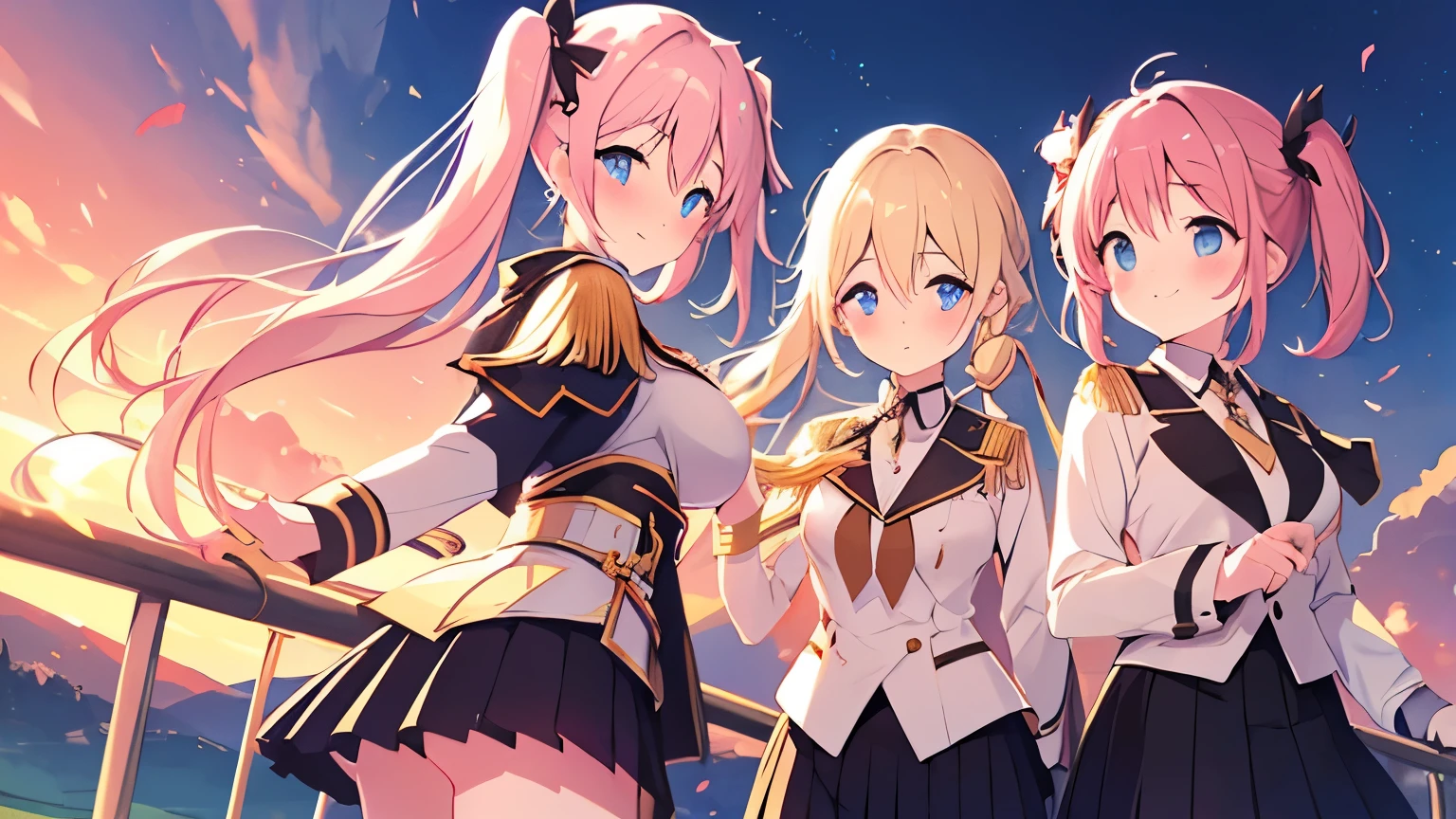 highest quality,Day,Day没,upon a hill,plateau,golden hour lighting,強力なリムlight,Mountain,landscape,light,landscape/scenery,genuine,original,pretty girl,twin tails,pink hair,blue eyes,cute face,white long sleeve shirt,black tie,gold tie pin,epaulettes,black pleated skirt,light smile,blush,gradient eyes,sparkling eyes,big breasts,hand_upon_buttocks,