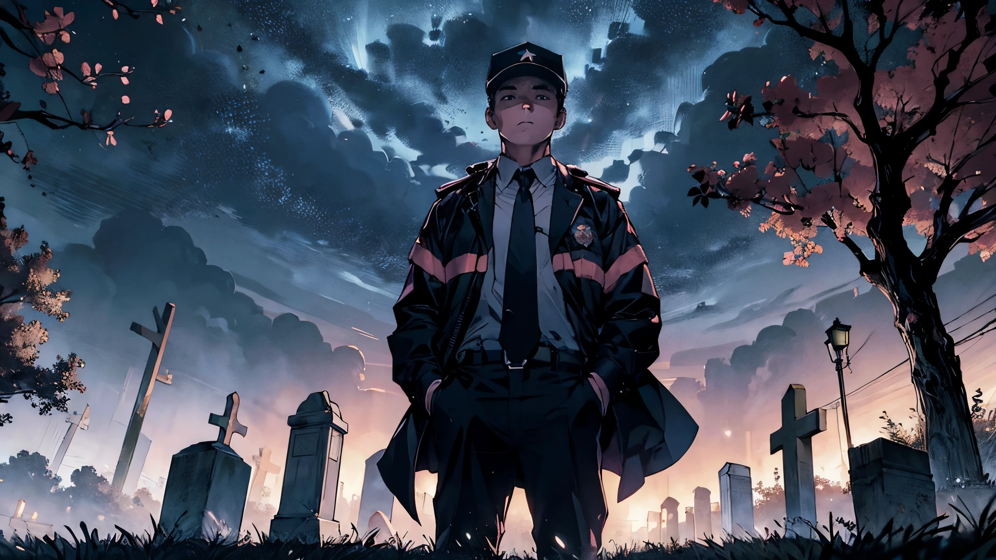 Cemetery security guard on a dark and gloomy night, in an old and macabre cemetery