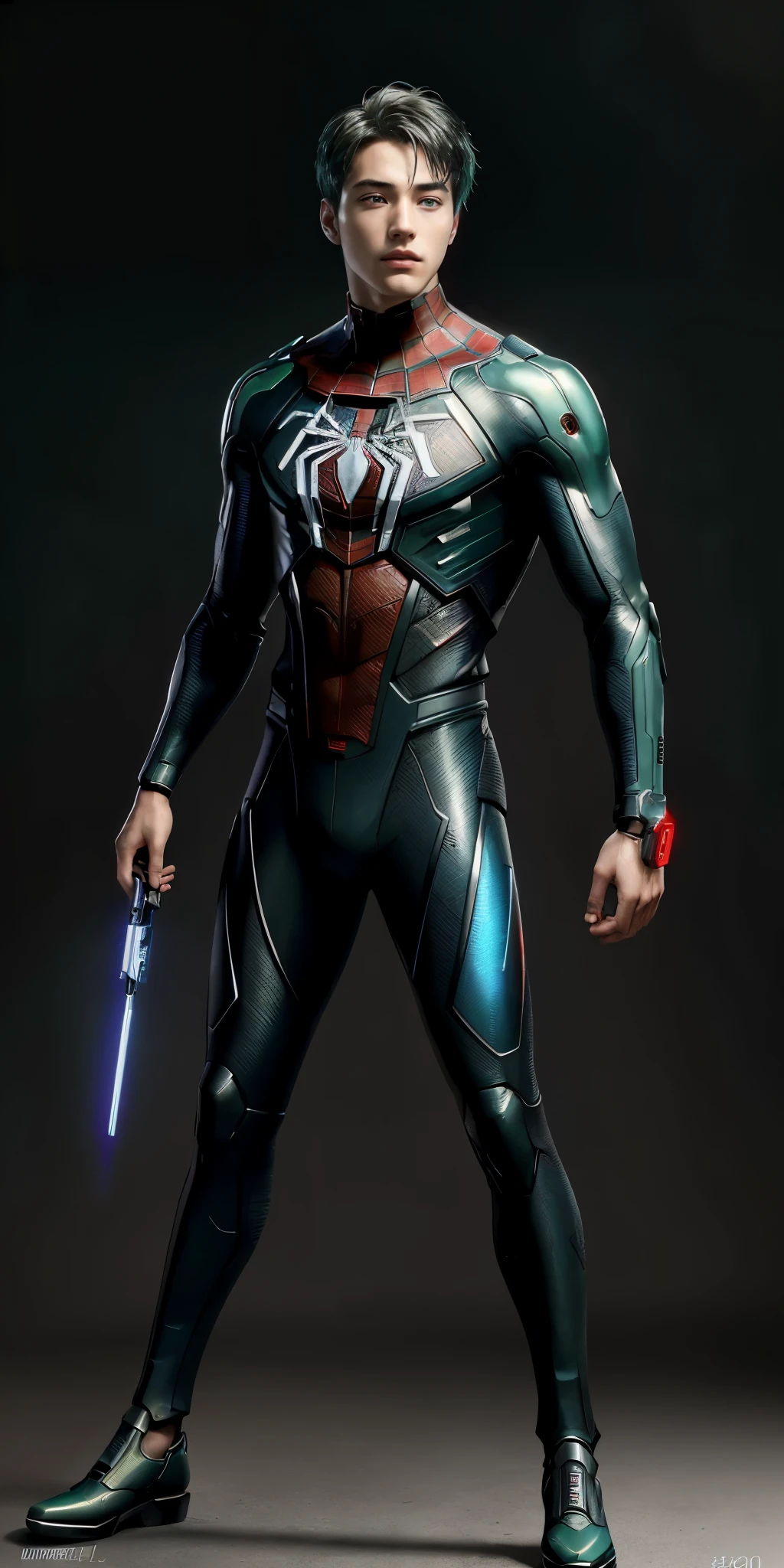 (1boy:1.3), solo, ((very detailed face)))), ((very detailed eyes and face)))), beautiful detail eyes, body parts__, full body, full body, official art, unified 8k wallpaper, super detailed, beautiful and beautiful, beautiful, masterpiece, best quality, original, masterpiece, super fine photo, best quality, super high resolution, realistic realism, sunlight, full body portrait, amazing handsome, dynamic pose, delicate face, vibrant eyes, (from the front), wearing Spider-Man suit, red and black color scheme, solid green background, detailed face, messy, gorgeous, highly detailed skin, realistic skin details, clear focus, 8k UHD, DSLR, high quality, film grain, fair skin, photo realism, lomography, translucent, (cyberpunk: 1.2), (semi-mechanical body: 1.2)