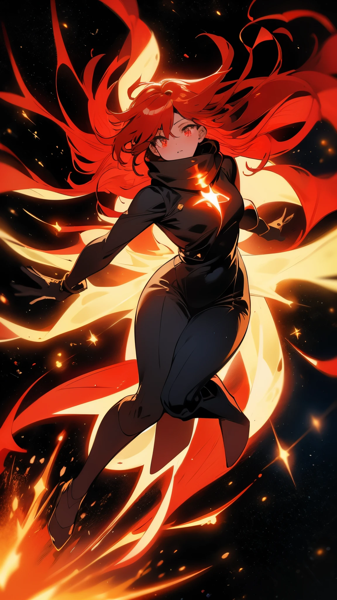 A full body of an adult Sexy Space Scorcerr with long red hair glowing with the power of the universe and made of stars, Floating Pose unaffected by gravity, arms out to the side. Red clothing Glowing with the power of the universe made of stars, Her eyes glowing with power, A yandere expression on her face, (((space environment))) ((Long scarf glowing red with the power of the universe))