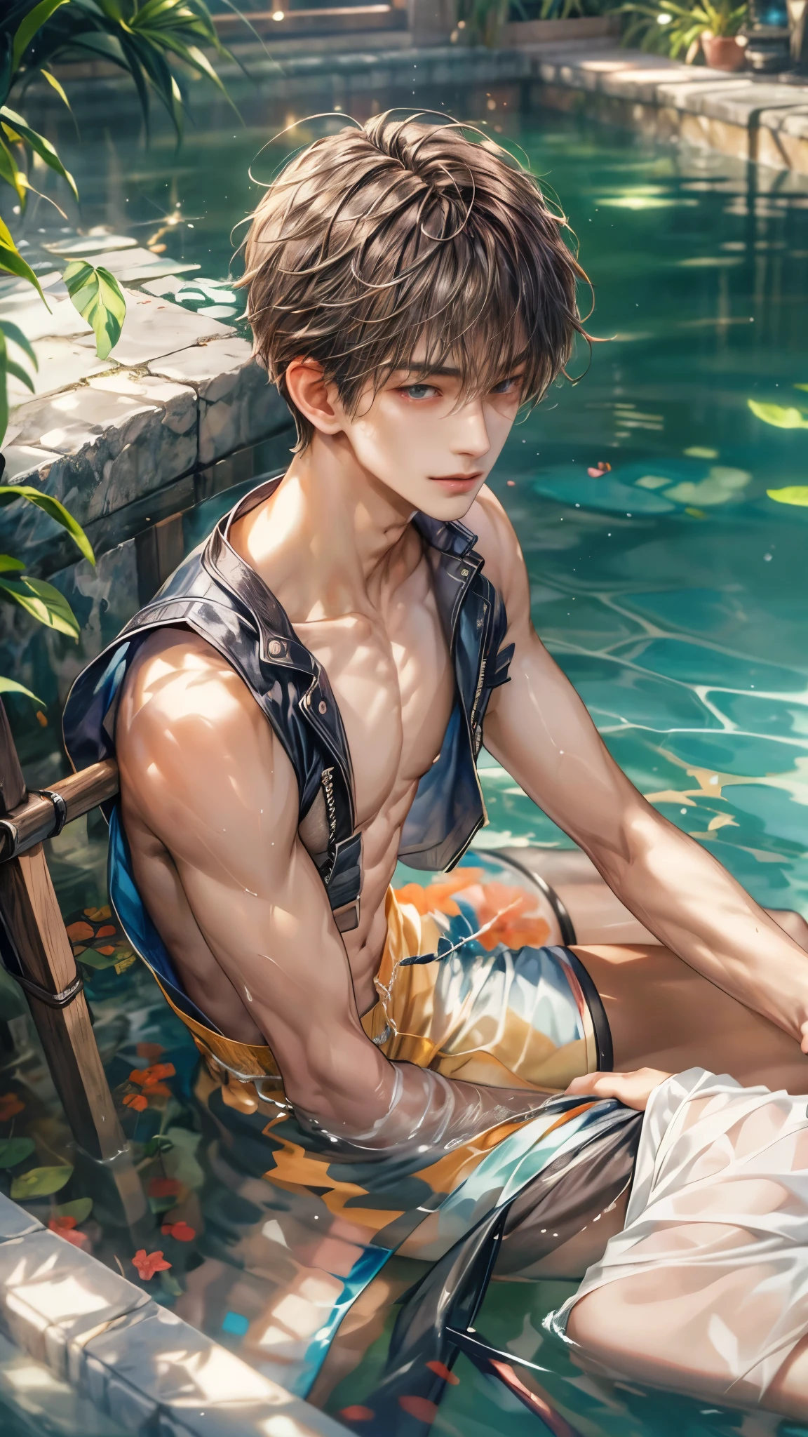 (absurdres, highres, ultra detailed, HDR), masterpiece, intricate, best quality, close-up portrait of a handsome anime character from ayashino ceres, short hair, original hair, captivating scene , boy enjoying a luxurious poolside. happy face, topless, see through shirt showing chest, wearing very short shorts showing legs, slightly hairy, Incorporate elements of nature, architecture, and the character's unique charm to create a visually stunning and immersive environment, art kenouji.