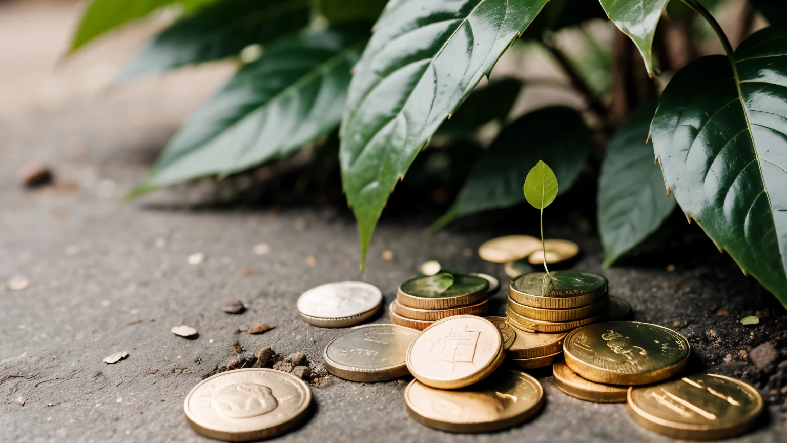 A single coin sprouts a vibrant green leaf, the start of a miniature money tree growing directly from a pile of golden coins. The scene sparks questions about unexpected wealth, the value of nature, and the cyclical nature of abundance.