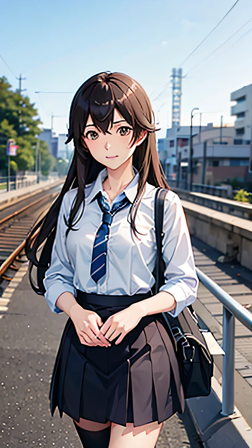 Anime girl with long hair walking on the station platform, Kantai Collection Style, railgun, konpeki no kantai, 艦隊これくしょん -KanColle- アーケード, KanColle, makoto shinkai style, cute girl anime visual, Makoto Shinkai&#39;art style, beautiful anime high school girl, anime style 4k, official artwork, shinkai makoto