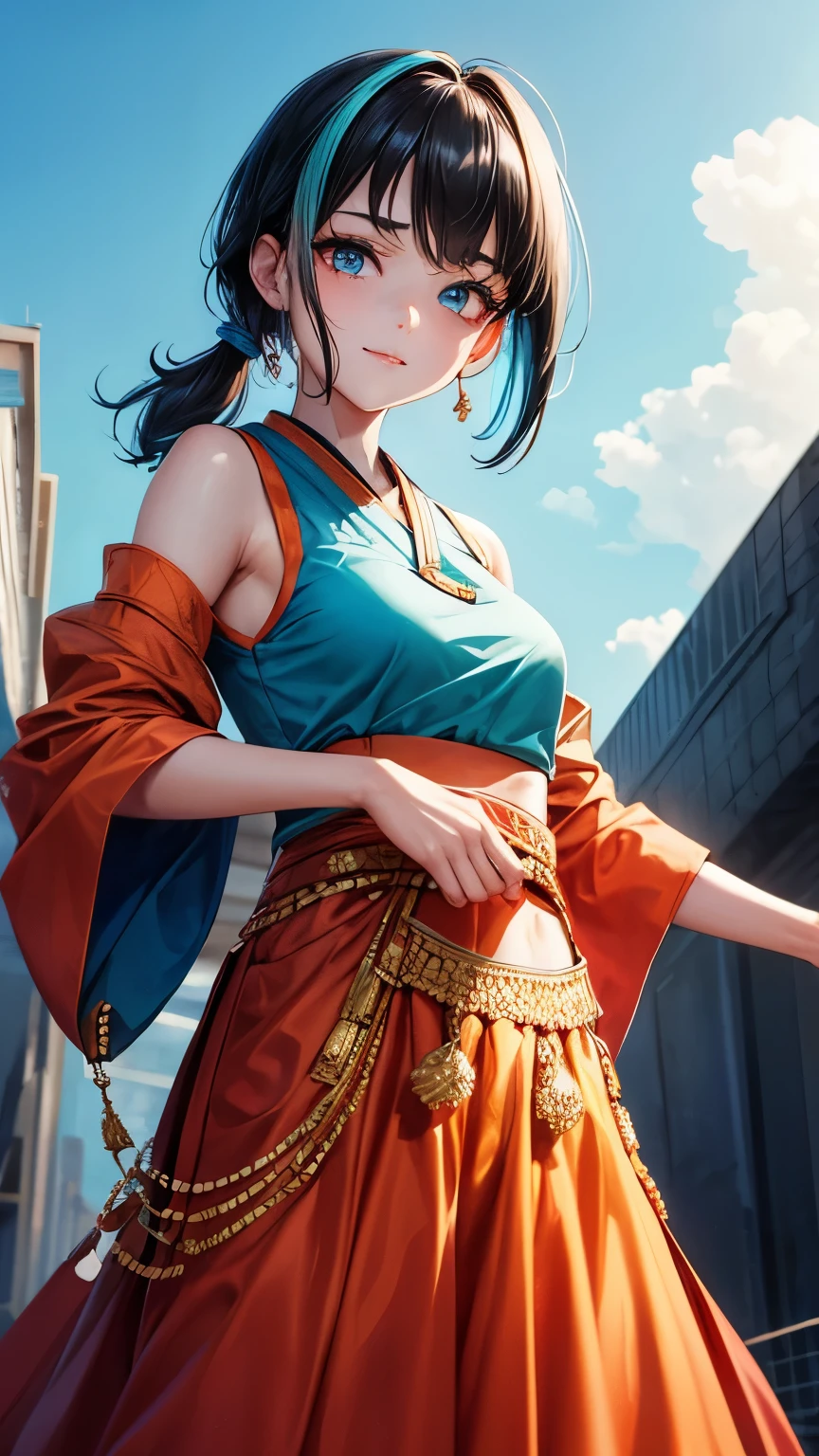35 years old Japanese tidy lady ((small breast, very slender)), jet-black ponytail((short hair)), ((cyan highlights shaggy forelock, blue colors highlights )), BREAK, wears lehenga (( red and orange )), tidy and eloquent face, dynamic pose, peeking over someone’s shoulder pose, friendly and beautiful smile, big droopy eyes (( shiny blue eye, shiny pale blue eye, heterochromia)), eyelashes, small mole under left eye, BREAK, tidy and pleasant atmosphere,((face focus))
