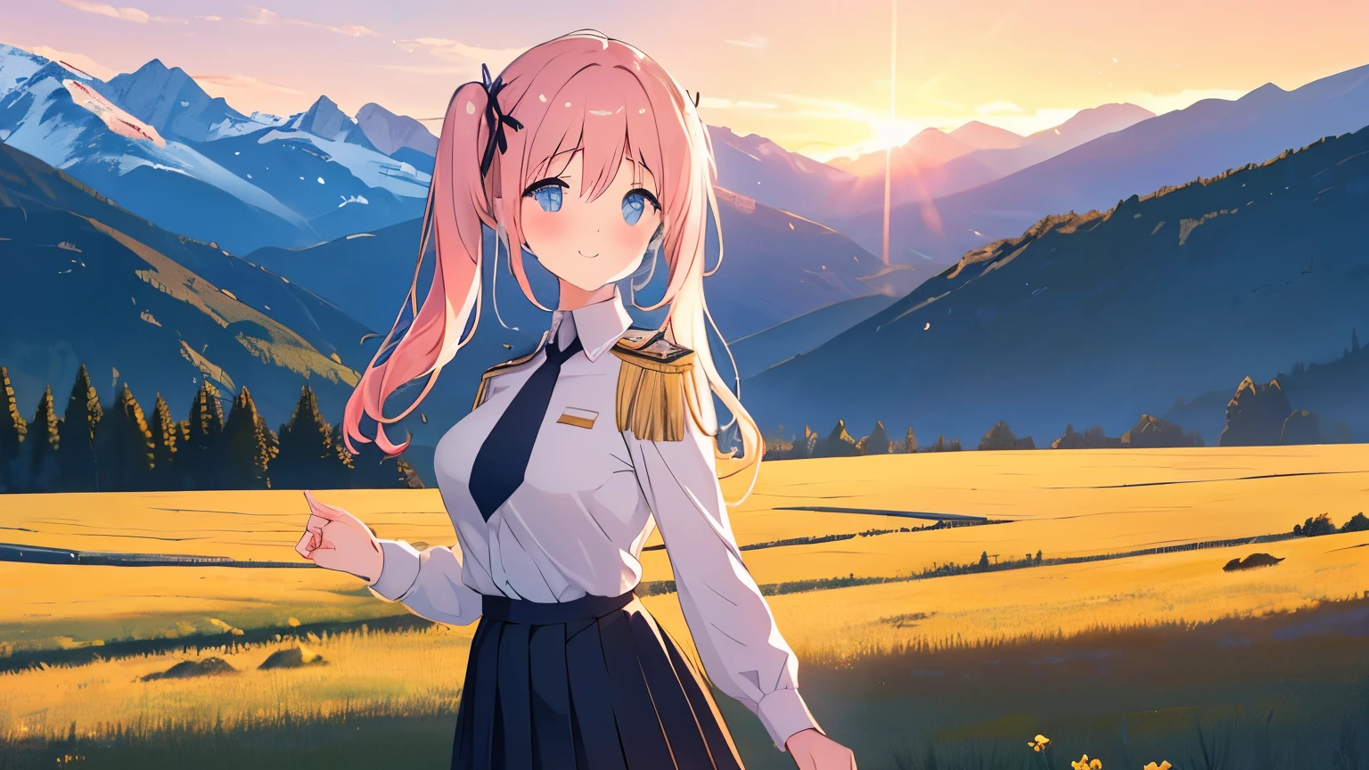 masterpiece,highest quality,Day,Day没,upon a hill,plateau,golden hour lighting,強力なリムlight,Mountain,landscape,light,landscape/scenery,genuine,original,pretty girl,twin tails,pink hair,blue eyes,cute face,white long sleeve shirt,black tie,gold tie pin,epaulettes,black pleated skirt,light smile,blush,gradient eyes,sparkling eyes,big breasts,hand_upon_buttocks,