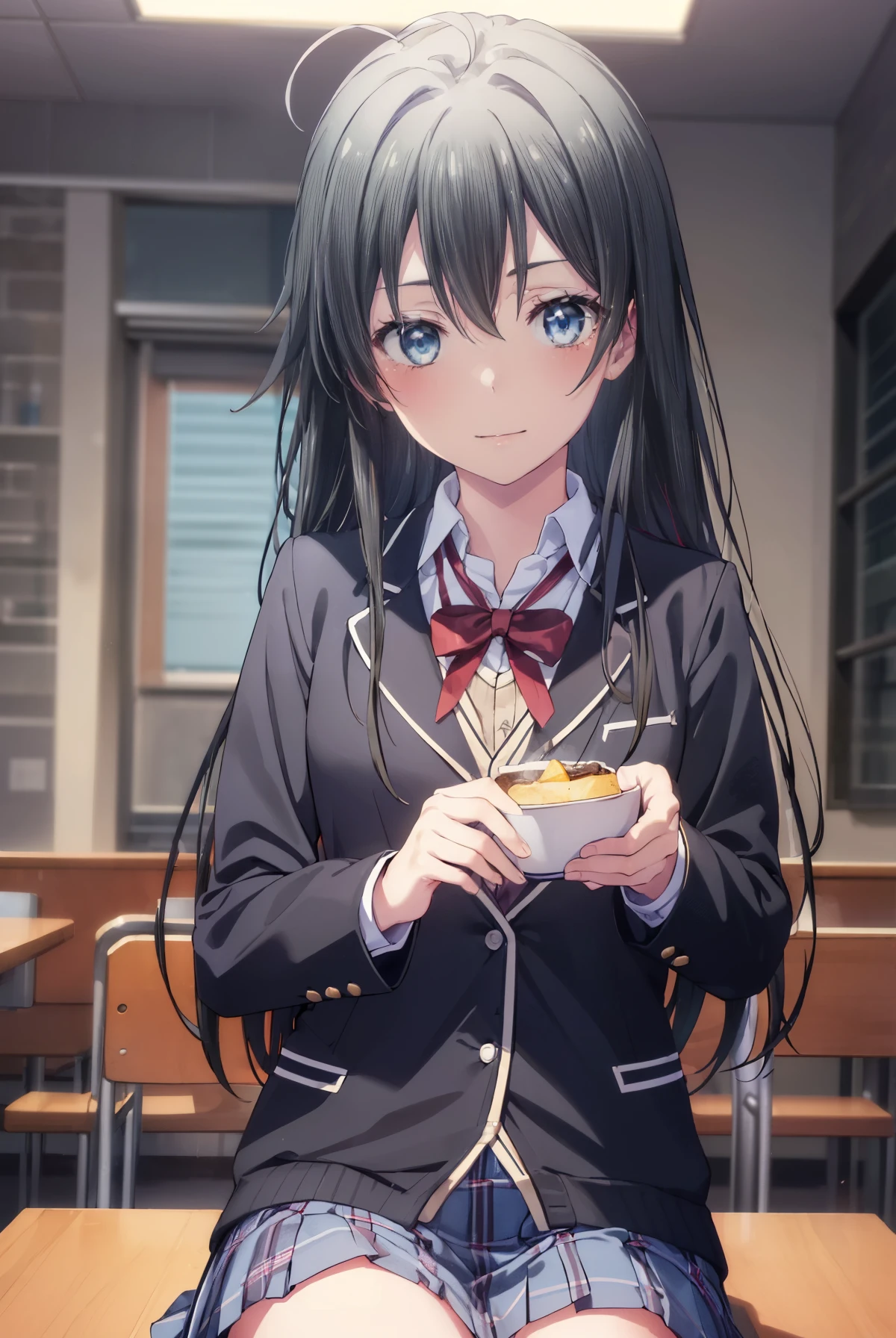 yukinoyukinoshita, yukino yukinoshita, black hair, blue eyes, long hair, Ahoge,smile,blush,
break blazer, cardigan, Jacket, plaid, plaid skirt, school uniform, skirt, sobu high school uniform,there is food on the table,sitting in a chair,
break indoors, restaurant,
break looking at viewer, (cowboy shot:1.5),
break (masterpiece:1.2), highest quality, High resolution, unity 8k wallpaper, (figure:0.8), (detailed and beautiful eyes:1.6), highly detailed face, perfect lighting, Very detailed CG, (perfect hands, perfect anatomy),