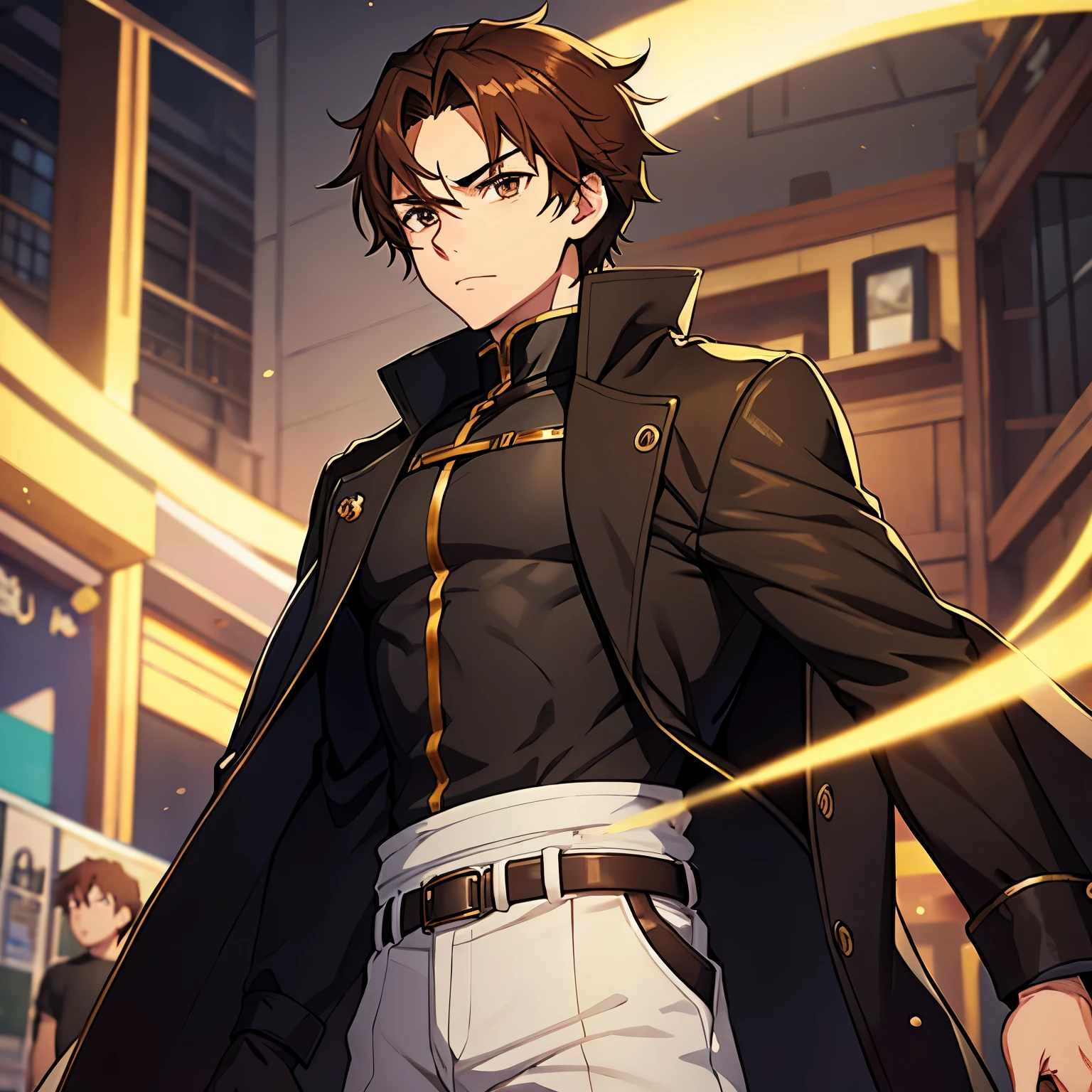anime, male, hazel eyes, fair skin, black coat, broad shoulders, golden shirt, wavy brown hair ((male)) ((teen)) 