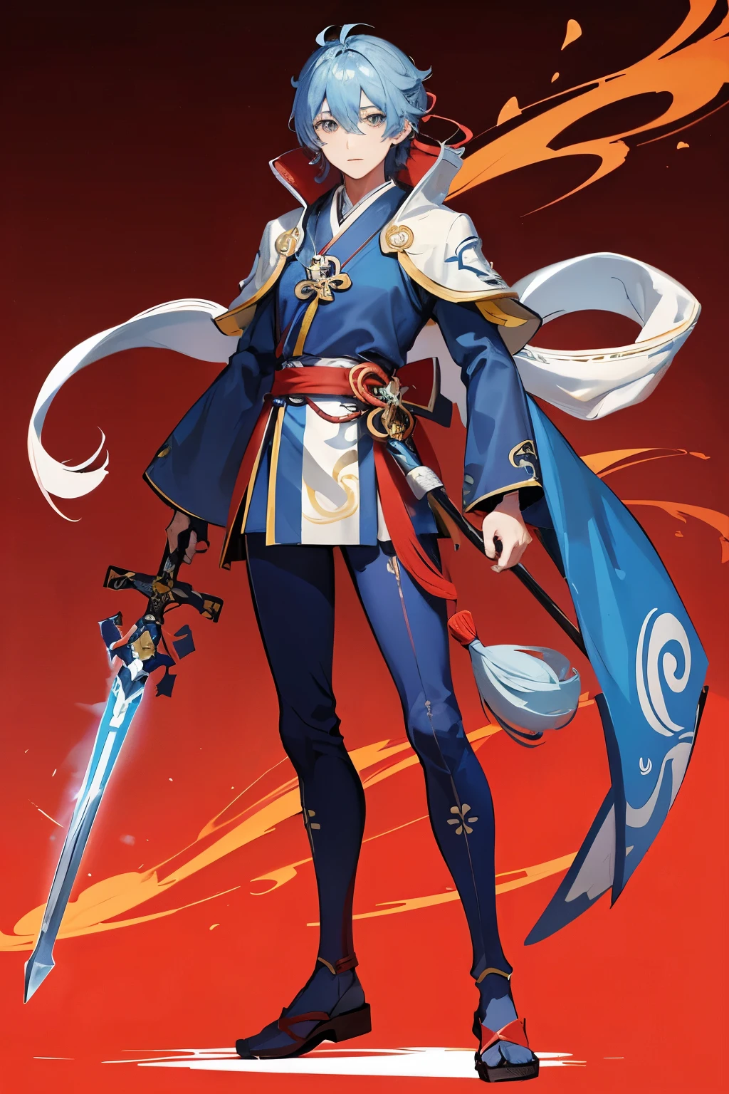 Dressed in blue and red、Anime character holding sword, official character art, Genshin冲击角色, 《Genshin》Keqing in, A complete portrait of the Elementalists, Photo of a male clergyman, ( ( character concept art ) ), I am the point, 《Genshin》Zhongli in, Japanese role playing game characters art, Cosplay portrait full body, official art, Japanese role playing game characters