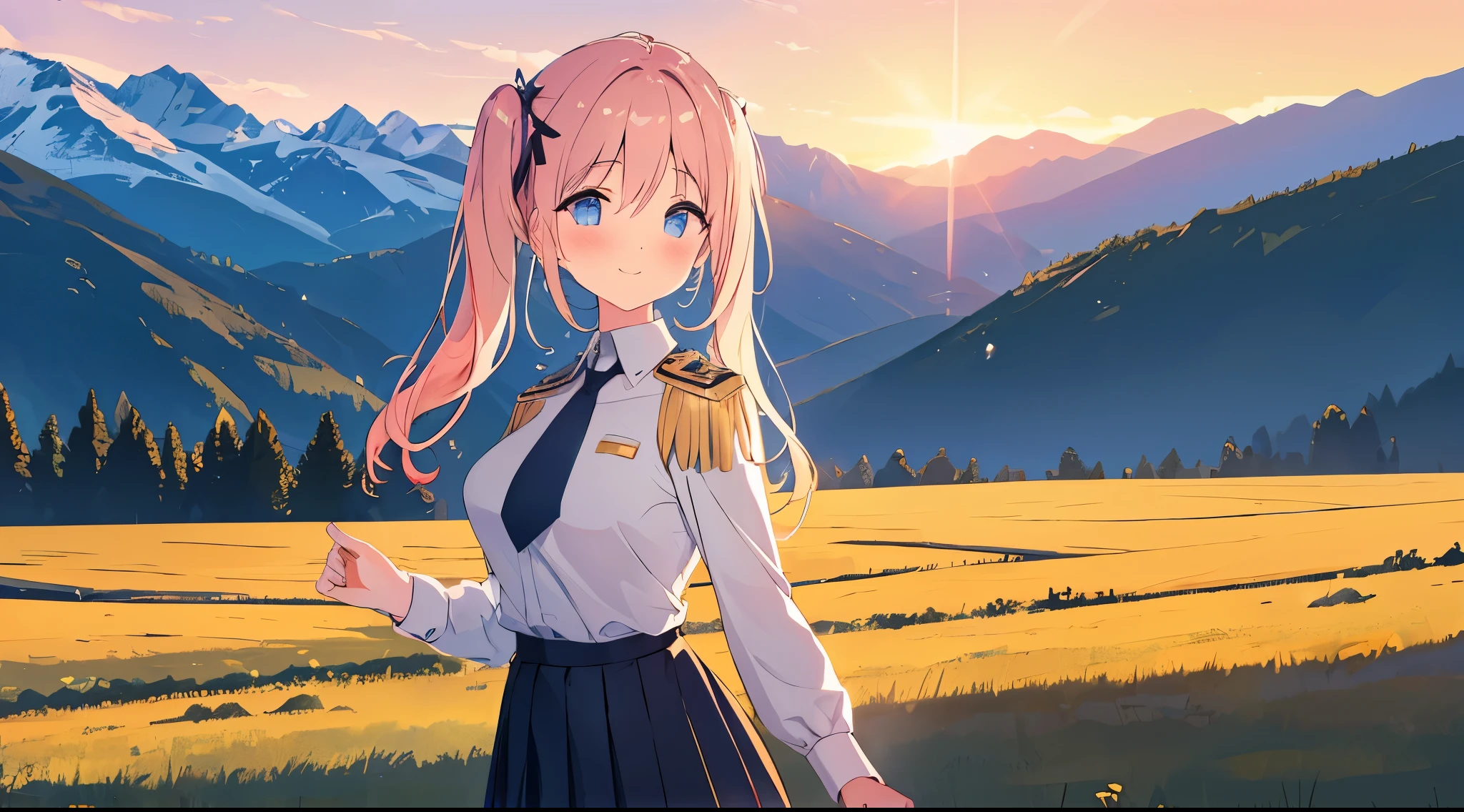 masterpiece,highest quality,Day,Day没,upon a hill,plateau,golden hour lighting,強力なリムlight,Mountain,landscape,light,landscape/scenery,genuine,original,pretty girl,twin tails,pink hair,blue eyes,cute face,white long sleeve shirt,black tie,gold tie pin,epaulettes,black pleated skirt,light smile,blush,gradient eyes,sparkling eyes,big breasts,hand_upon_buttocks,
