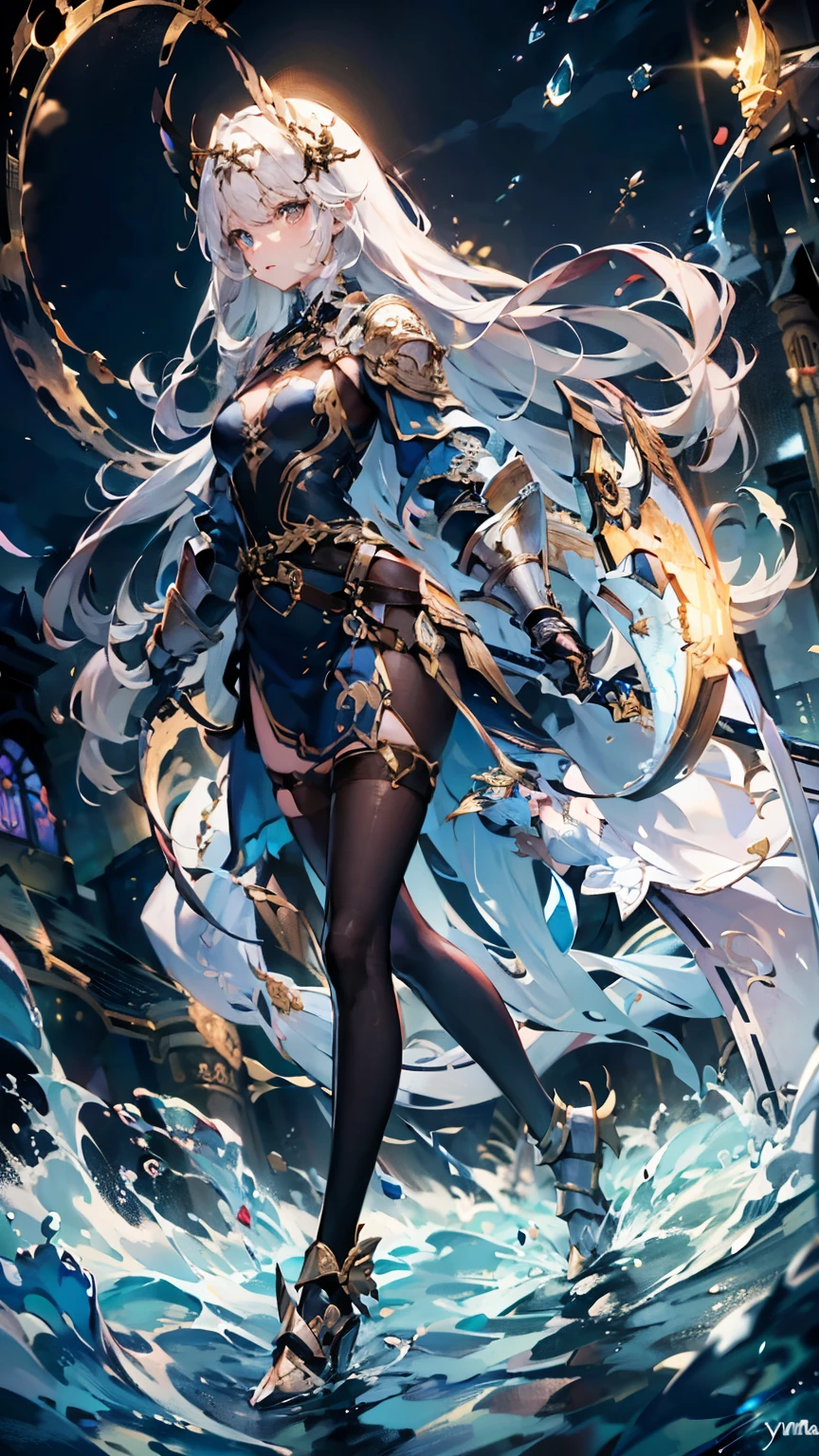 ((4 k,masterpiece,Best Quality)), maxiskit, dress conservatively 1 girl, solo, Full Body, wide shoot, Standing, holding sword down, White hair, Long hair, valkyrie, armor, angel, White bra, side bang, from front view, extra size body, night, yama, looks at the viewer