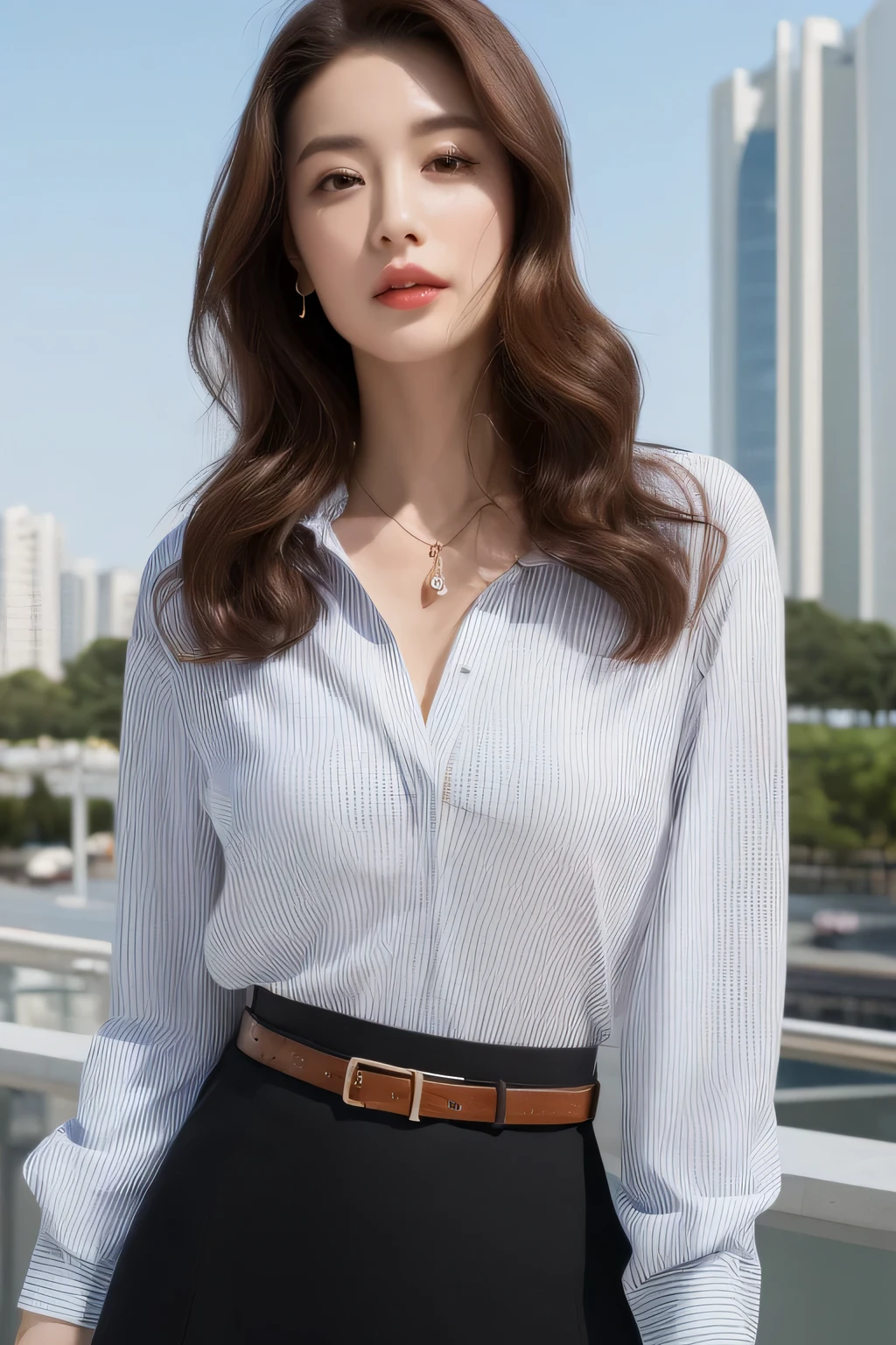 (highest quality, High resolution, masterpiece :1.3), tall and beautiful woman, thin abs, loose wavy dark brown hair, chest, wearing a pendant, white button up shirt, belt, black skirt, (modern architecture in the background), Accurately express details such as faces and skin textures, fine eyes, double eyelid
