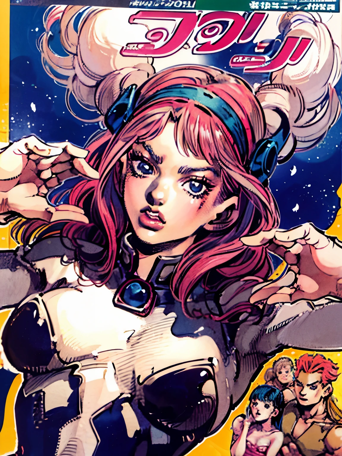 inspired by Hirohiko Araki, inspired in hirohiko araki, 2~three men and a woman, dynamic leadership style, snuggle pose, (unnatural colored lips), heroic、biomecha mascot character, High quality color sketches, color screen tone, manga, white sputtering, particles of light, watercolor color painting, anatomically correct, masterpiece, highest quality, High definition, High and fine, 16k, Photographed at tourist attractions
