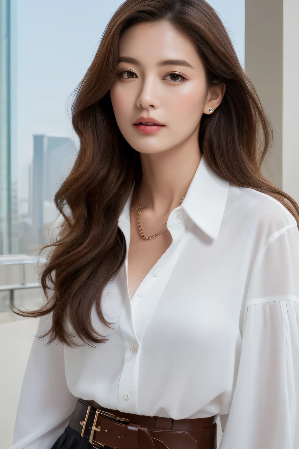 (highest quality, High resolution, masterpiece :1.3), tall and beautiful woman, thin abs, loose wavy dark brown hair, chest, wearing a pendant, white on up shirt, belt, black skirt, (modern architecture in the background), Accurately express details such as faces and skin textures, fine eyes, double eyelid