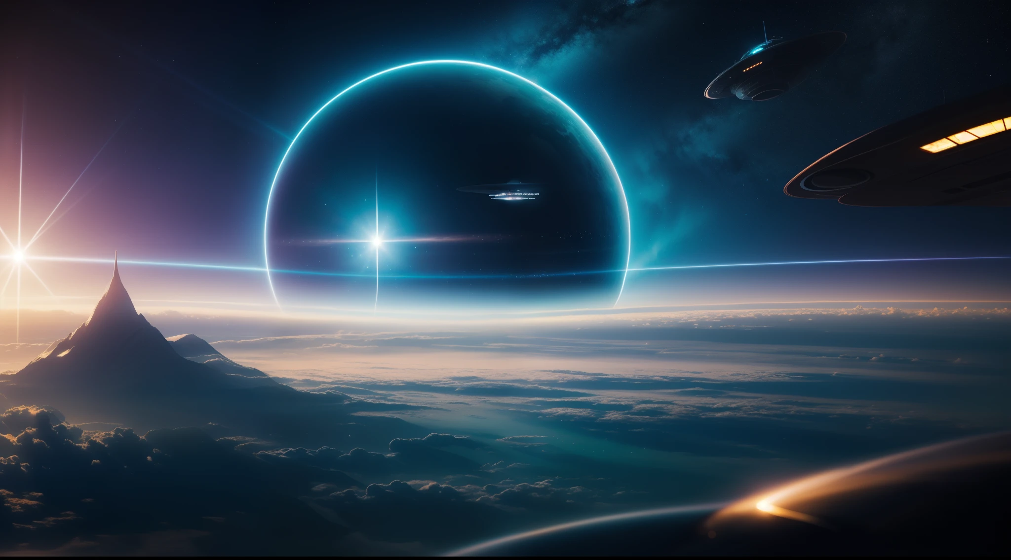 Highly detailed illustration of a hidden world inside planet earth, atmosphere, futuristic city and spaceship in the background, holographic shimmer, whimsical lighting, futuristic ambiance, soft textures, imaginative artwork, ethereal glow, silent Luminescence, whispering Silent, iridescent Encounter, vibrant background, by Skyrn99, rule of thirds, high quality, high detail, high resolution, bokeh, backlight, long exposure