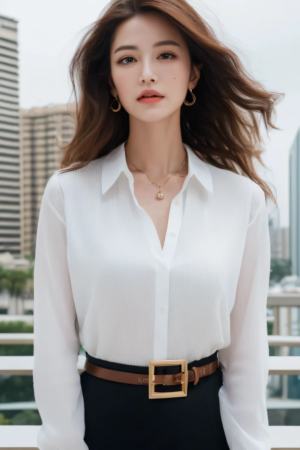 (highest quality, High resolution, masterpiece :1.3), tall and beautiful woman, thin abs, loose wavy dark brown hair, chest, wearing a pendant, white button up shirt, belt, black skirt, (modern architecture in the background), Accurately express details such as faces and skin textures, fine eyes, double eyelid