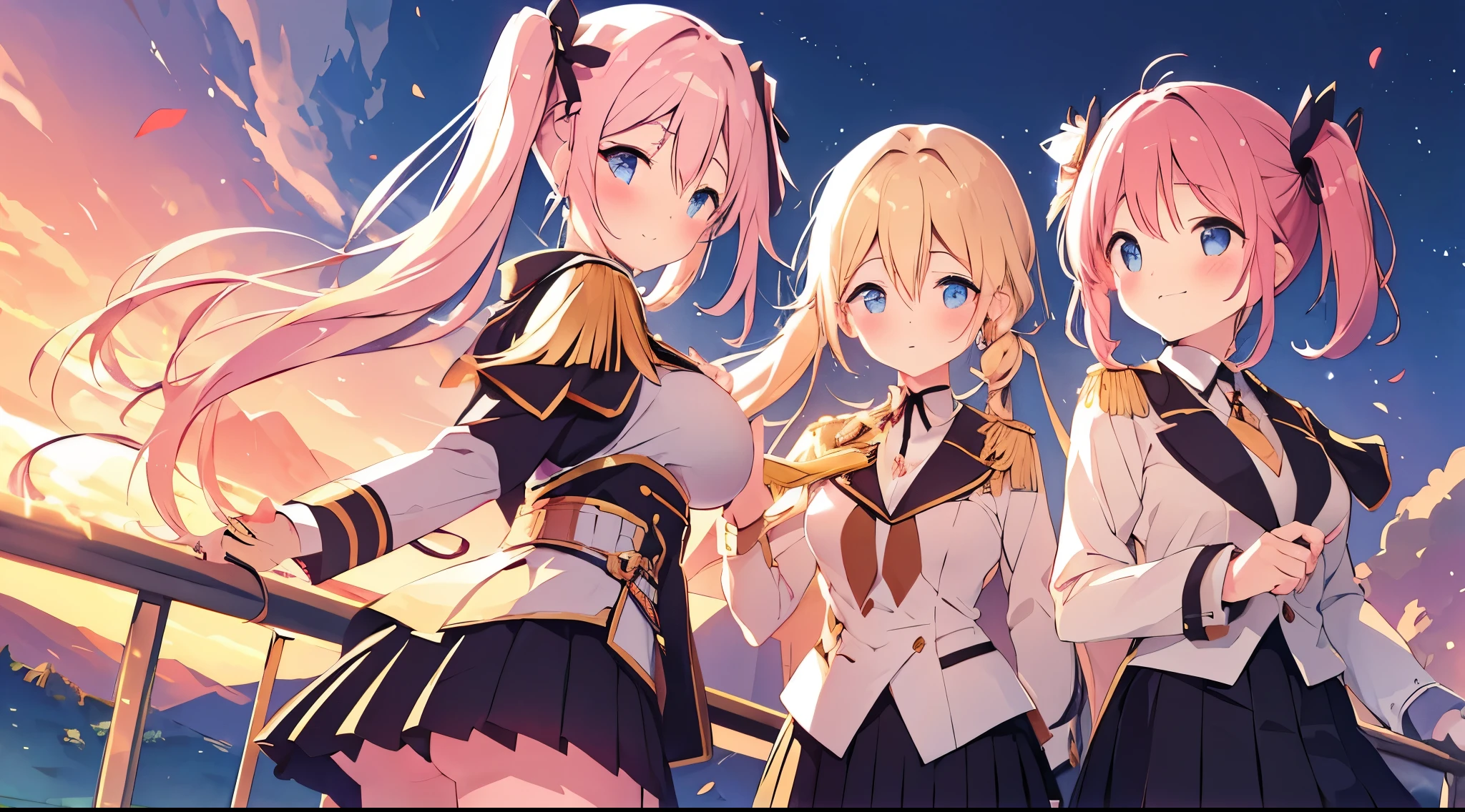 highest quality,Day,Day没,upon a hill,plateau,golden hour lighting,強力なリムlight,Mountain,landscape,light,landscape/scenery,genuine,original,pretty girl,twin tails,pink hair,blue eyes,cute face,white long sleeve shirt,black tie,gold tie pin,epaulettes,black pleated skirt,light smile,blush,gradient eyes,sparkling eyes,big breasts,hand_upon_buttocks,