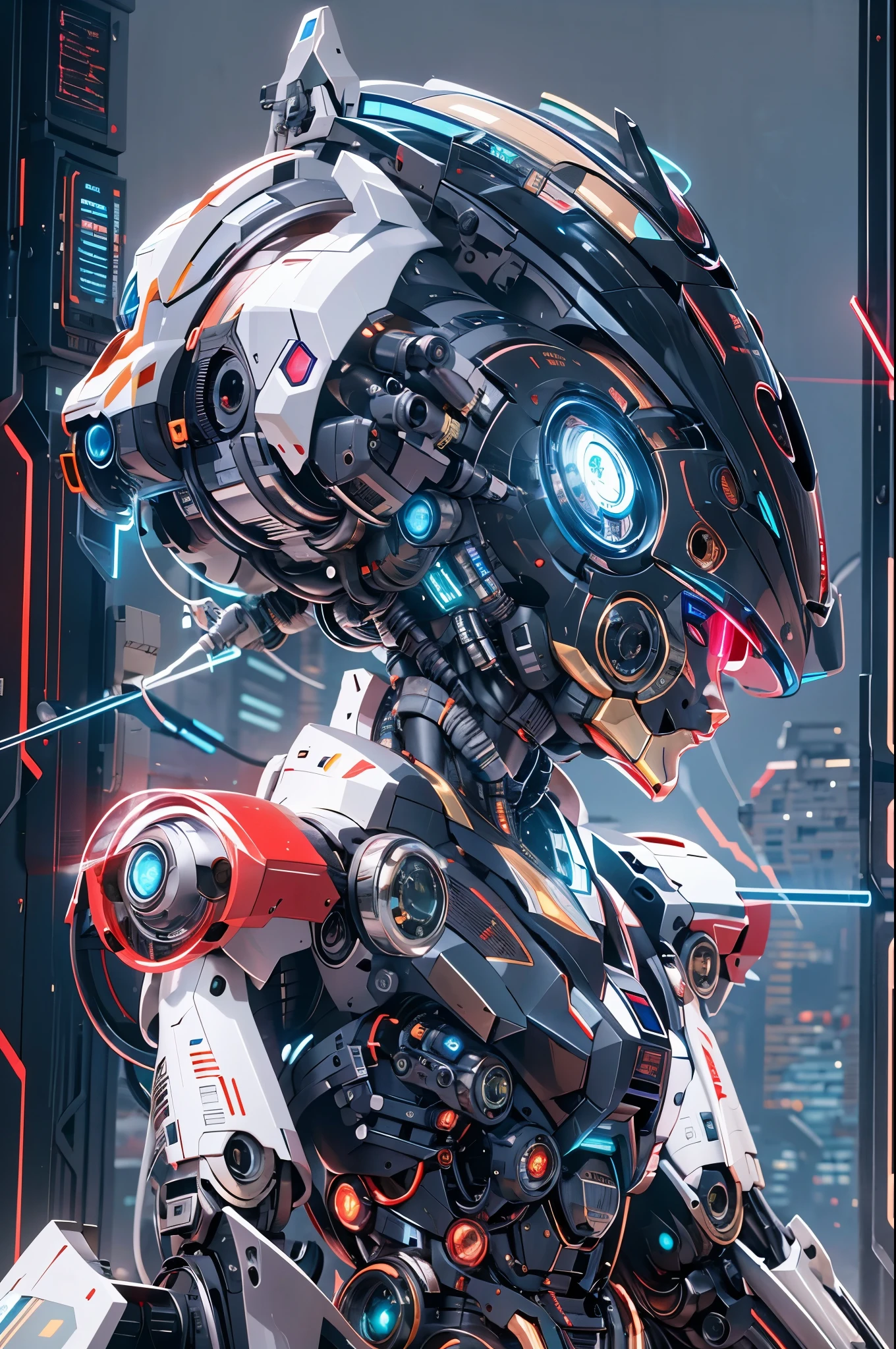 best quality，masterpiece，8k，robot,cable,Mecha,Full mecha,Close ups, cyberpunk, cyborg,Full body multiple light sources,The luminous display screen on the forehead,Multi camera structure mecha,Multi light source mecha,A multi edged mecha,Red and blue light source mecha,White and black mecha,Super complex head structure,Super complex mechanical structure, glowing, glowing eyes, machinery, mecha, realistic, robot, science fiction, solo