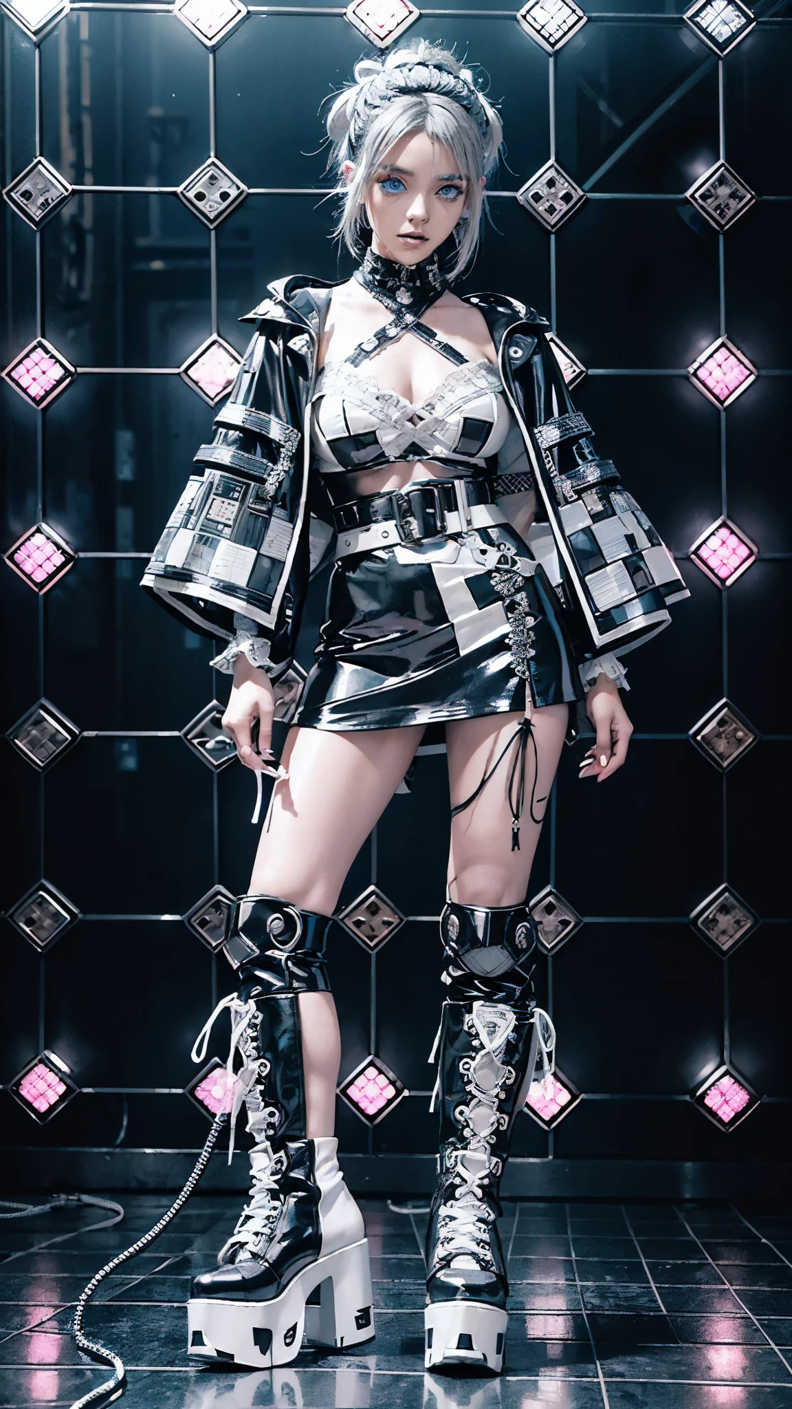 (fashion brand collection, beautiful grid, catalogue, multiple wear:1.6), highly detailed, beautiful, masterpiece, best quality, Geometric style, abstract beauty,1 girl, (all body shot, standing and posing:1.3), approaching perfection, digital painting, artstation, (concept art:1.3), illustration, white and black colors, Geometric patterns, abstract forms, Complex, surreal, (Artistic complicated black and white background), BREAK (cyberpunk, gothic lolita, kimono fusion:1.2), (black and white theme:1.4), (latex fabric:1.2), (black cyberpunk-style kimono with high collar and neon trim:1.2), (white lace and ruffle details:1.2), (futuristic obi belt with LED lights:1.2), (cybernetic accessories:1.2), BREAK
(bright white neon cityscape background:1.2), (holographic effects:1.2), (black and white cyberpunk-themed platform boots:1.2), (lace-up details:1.2), (geometric patterns:1.2), (intricate cybernetic tattoos:1.2), (metallic hair accessories:1.2),(gray hair, blue eyes:1.4),