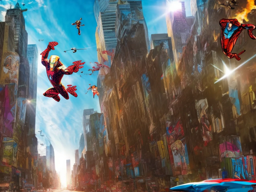 Graffiti caricatures, marvel comic, A girl flies over the city