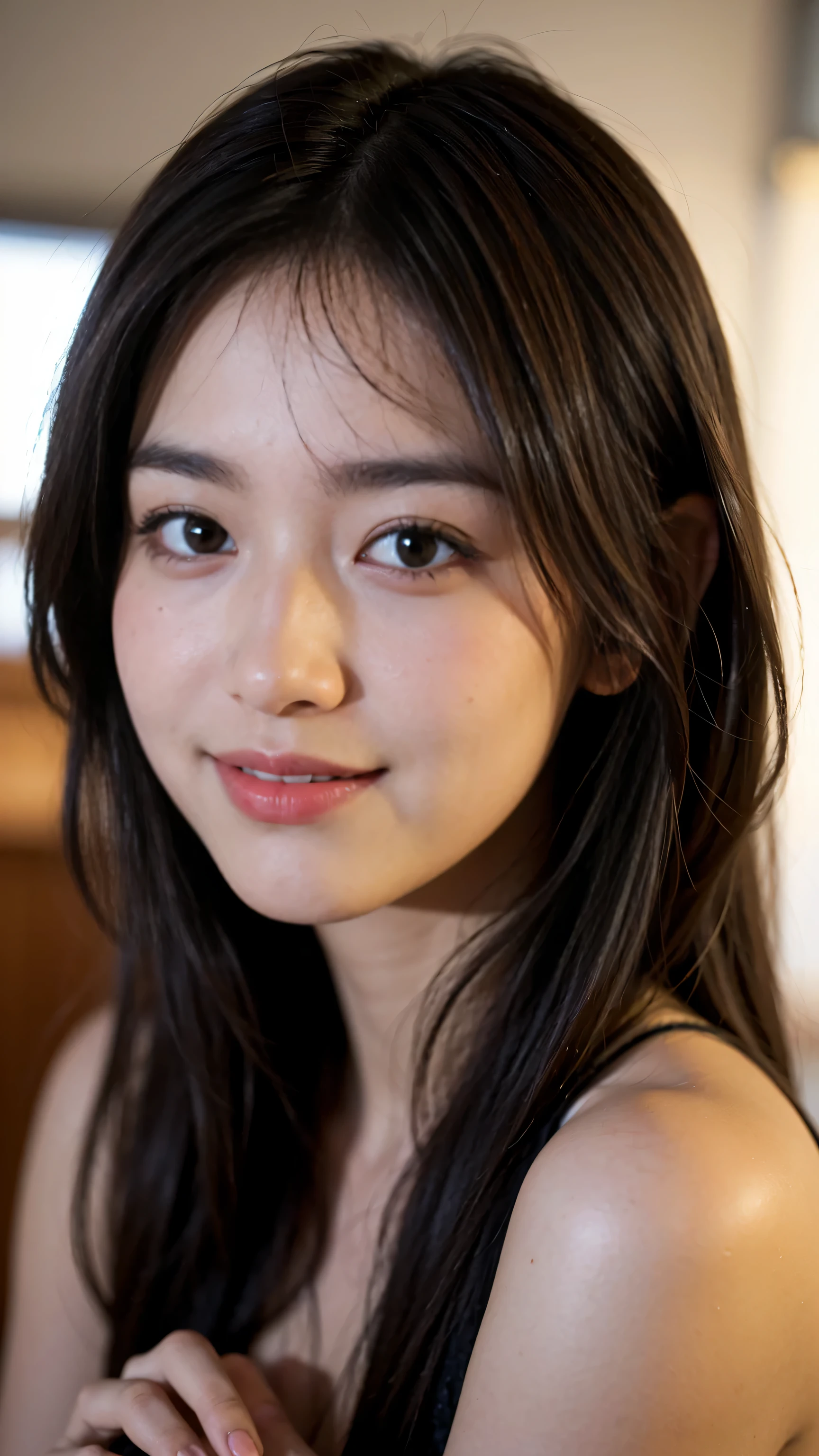 (8k, highest quality, masterpiece: 1.2), Super detailed, super resolution, (realistic, realistic photo: 1.37), portrait, High resolution RAW color photo, professional photos, High resolution and beautiful, High resolution, 8k image wallpaper, amazing details, huge file size, high detailed beautiful girl, Super detaileded face, very fine eyes, Very fine skin, とてもthin指, very small nose, Highly detailed detailed mouth, perfect anatomy, tight background, realistic lighting, light shines on your face, 1 girl, (20:1.2), 20 generations, cute girl, realistic body, glowing skin, because I'thin, black hair, cute, cute face, lively face, delicate eyes, source order, looking at camera, ((positive)), (Fair skin), waist shot, bangs, round face, smile, close up of face, Happy