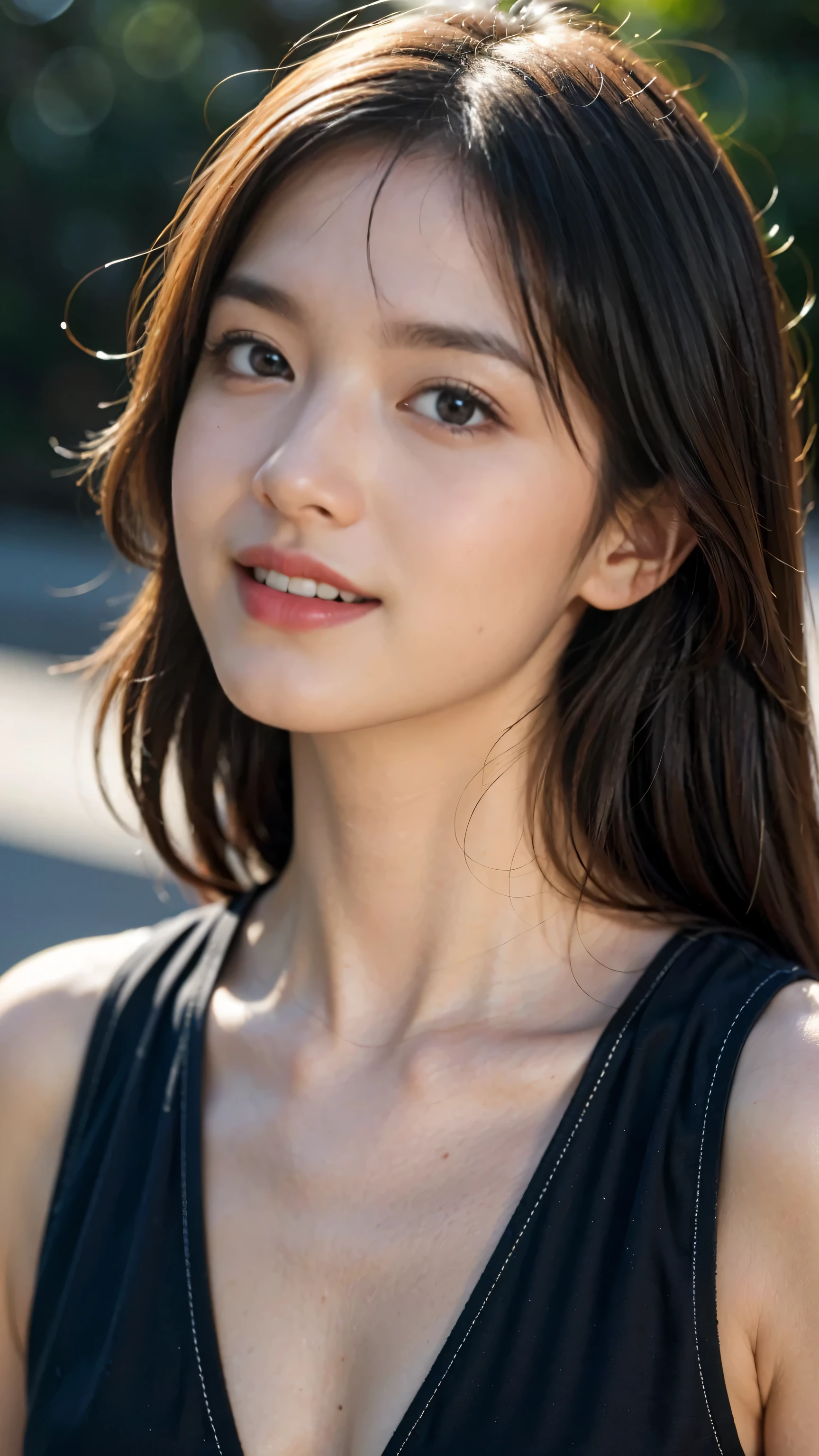 (8k, highest quality, masterpiece: 1.2), Super detailed, super resolution, (realistic, realistic photo: 1.37), portrait, High resolution RAW color photo, professional photos, High resolution and beautiful, High resolution, 8k image wallpaper, amazing details, huge file size, high detailed beautiful girl, Super detaileded face, very fine eyes, Very fine skin, とてもthin指, very small nose, Highly detailed detailed mouth, perfect anatomy, tight background, realistic lighting, light shines on your face, 1 girl, (20:1.2), 20 generations, cute girl, realistic body, glowing skin, because I'thin, black hair, cute, cute face, lively face, delicate eyes, source order, looking at camera, ((positive)), (Fair skin), waist shot, bangs, round face, smile, close up of face, Happy