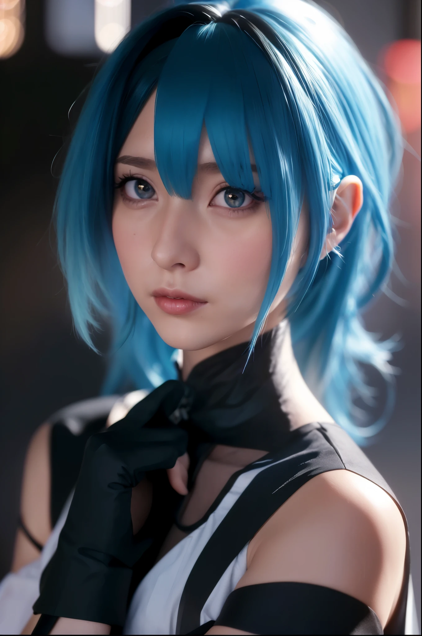 There is a blue hair、woman in black top, anime style. 8k, Portrait of Hatsune Miku, 8K Artgerm bokeh, blue hair girl, Realistic anime girl rendering, Hatsune Miku portrait, mikudayo, Realistic anime art style, 3D animation realistic, Produced by Anime Painter Studio, pretty blue hair girl