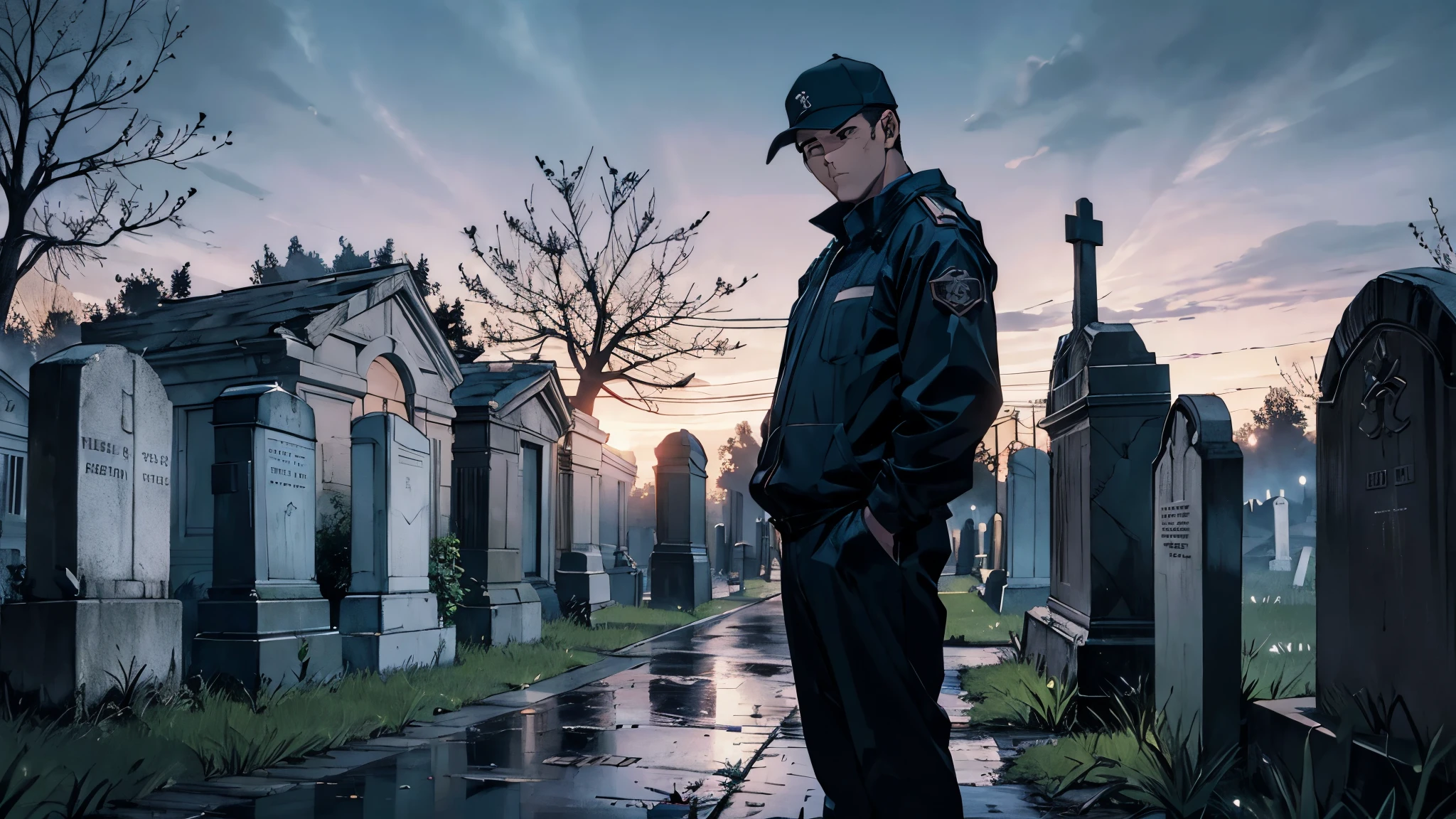 Cemetery security guard on a dark and gloomy night, in an old and macabre cemetery