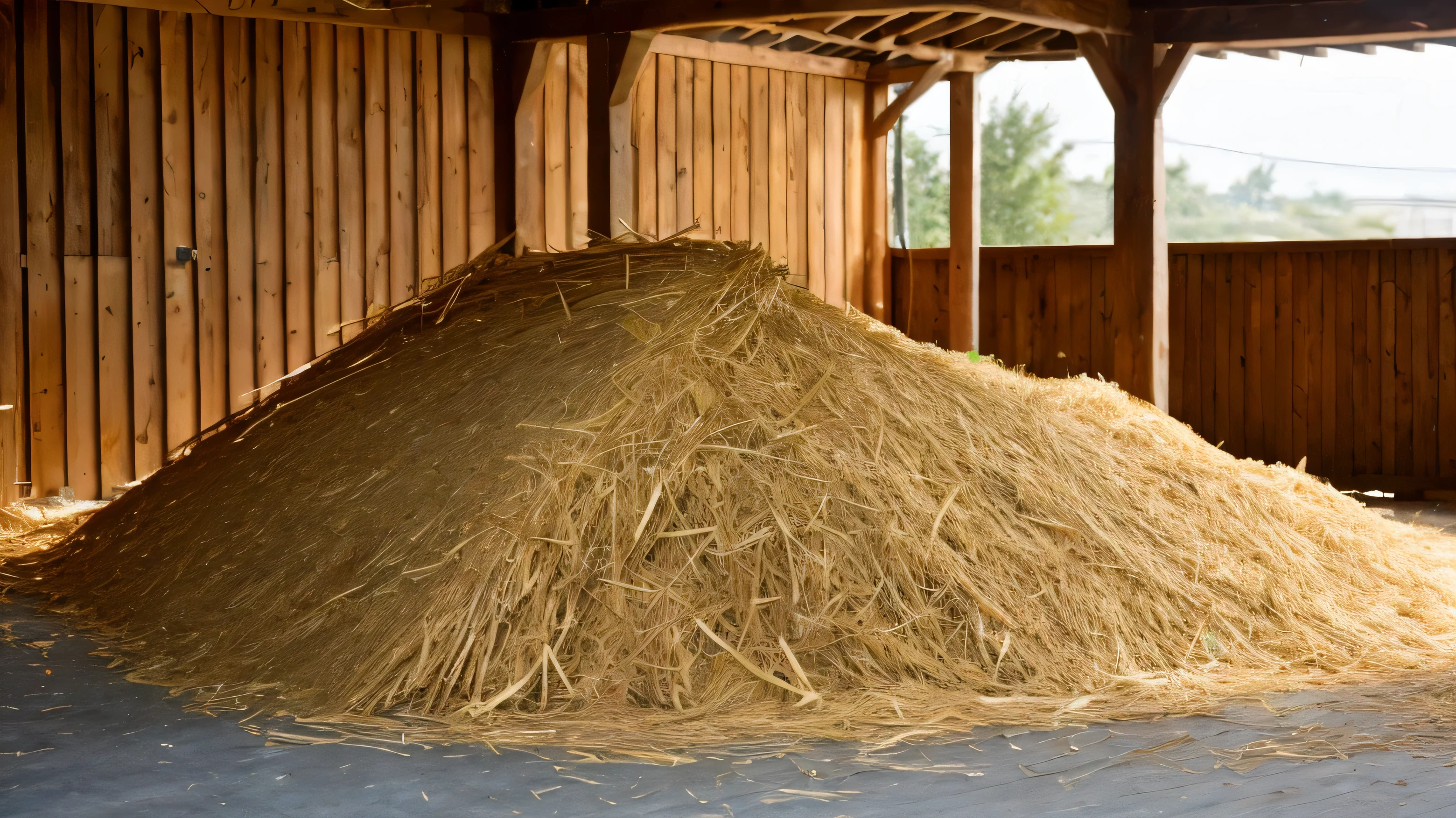 barn、A pile of loose straw is on fire、High resolution、