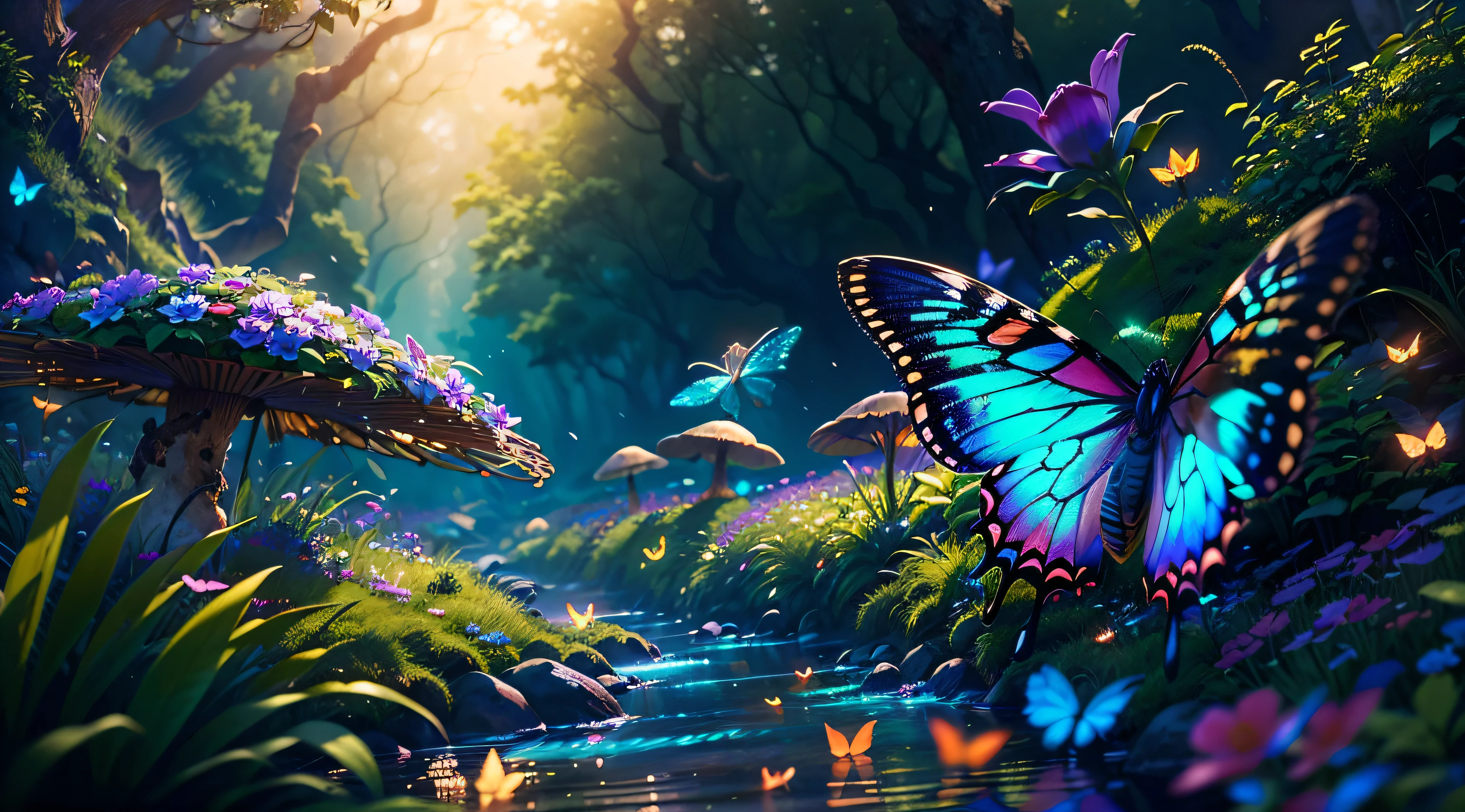 Enchanted mystical forest, neon colored butterflies, pure blue water river spring, mini hadas doradas, Hongos brillantes que liberan polen., extremely beautiful paisaje, (ultrarrealista), {Fondo de pantalla de unidad CG de 8k extremadamente detallado}, expansive paisaje photography, (una vista baja que prioriza toda la escena, (vista de campo abierto), (low angle shot), (destacar: 1.5), (Luz baja: 1.0), (warm light source: 1.0), detalles complejos, (colores iridiscentes: 1.5), (bright lighting), (atmospheric lighting), Naturaleza, magical, paisaje