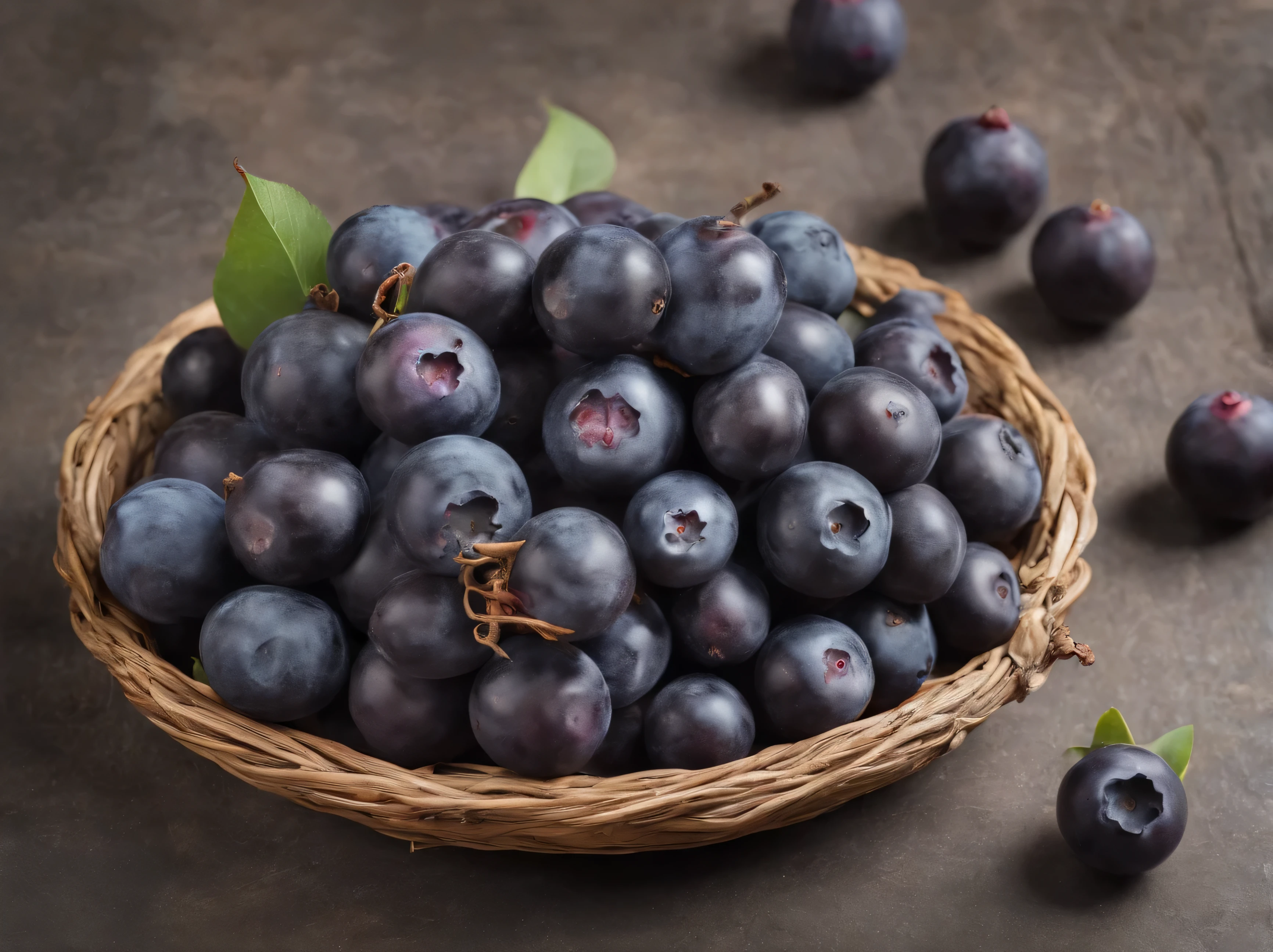 Create an extremely realistic photograph of clusters of açaí berries on a rustic table, showcasing the entirely organic appearance of the açaí.