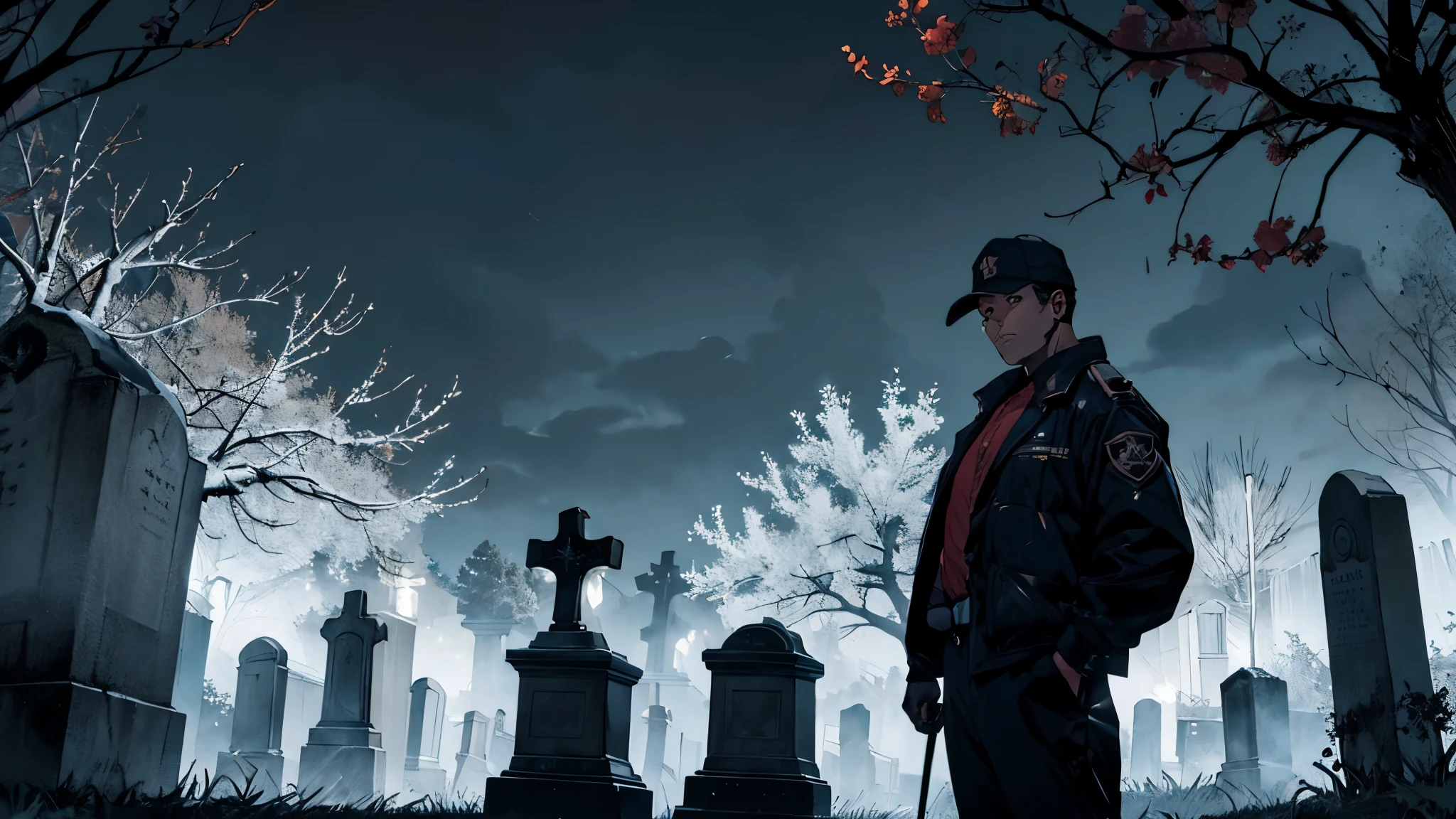Cemetery security guard on a dark and gloomy night, in an old and macabre cemetery