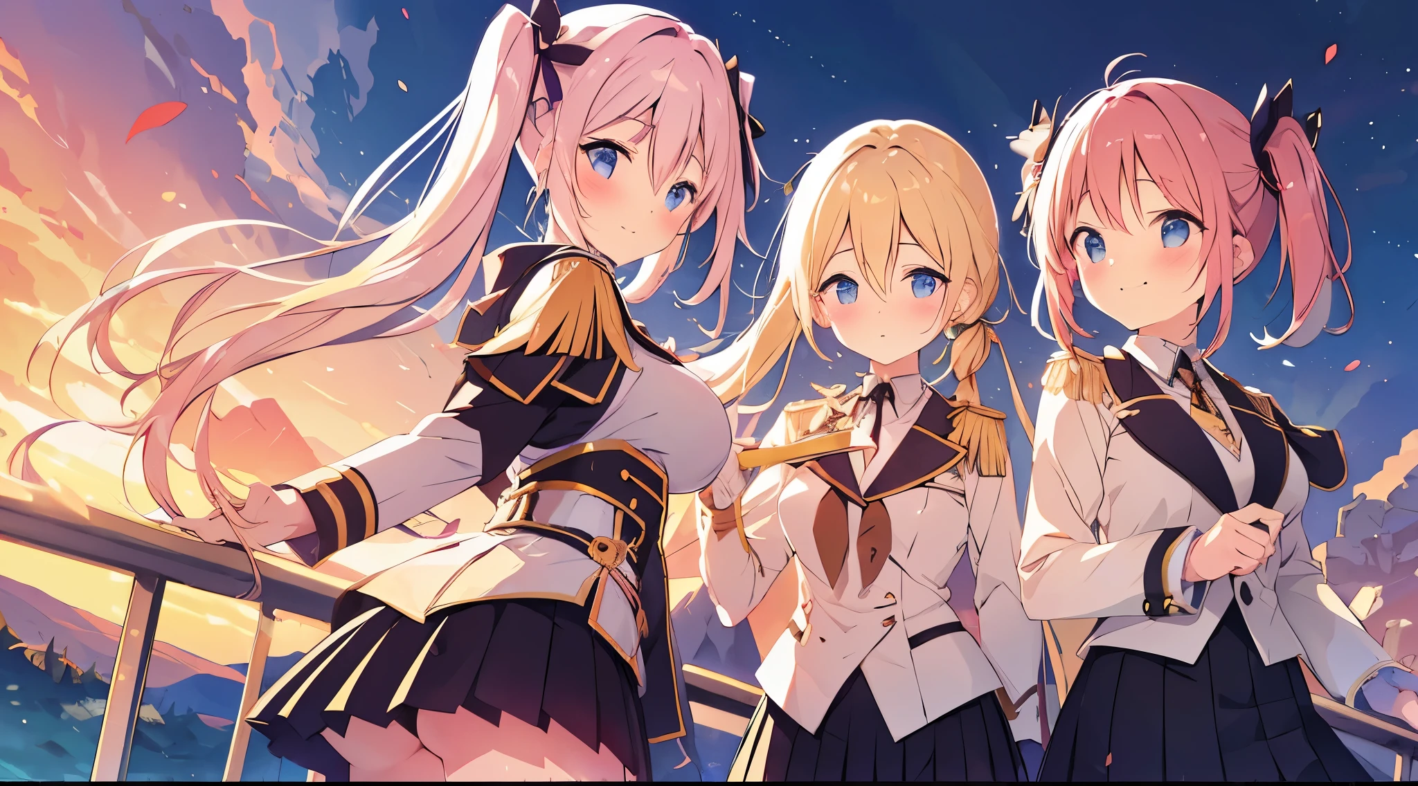 highest quality,Day,Day没,upon a hill,plateau,golden hour lighting,強力なリムlight,Mountain,landscape,light,landscape/scenery,genuine,original,pretty girl,twin tails,pink hair,blue eyes,cute face,white long sleeve shirt,black tie,gold tie pin,epaulettes,black pleated skirt,light smile,blush,gradient eyes,sparkling eyes,big breasts,hand_upon_buttocks,