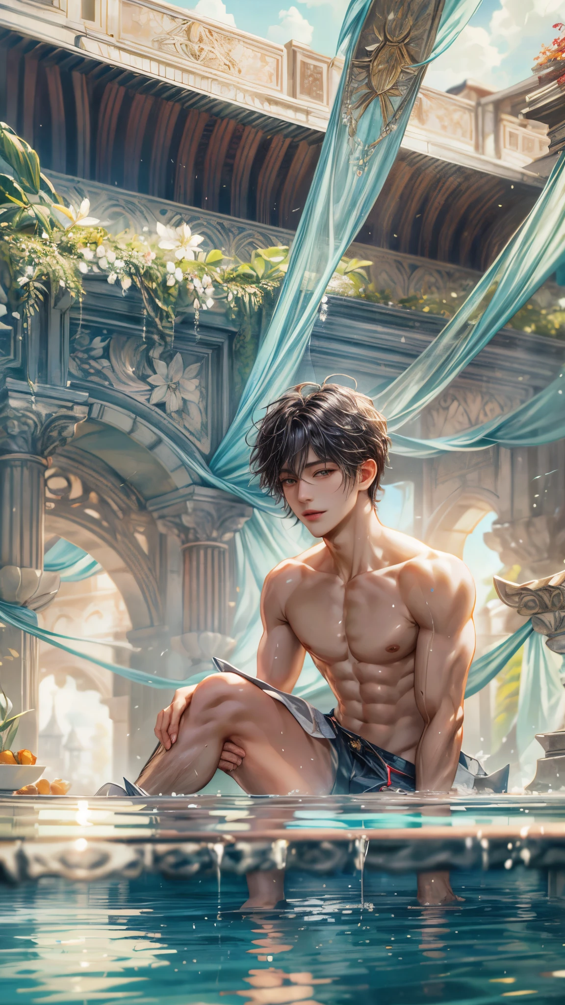 (absurdres, highres, ultra detailed, HDR), masterpiece, intricate, best quality, half body from below:1.1, portrait of a handsome anime character from ayashino ceres, short hair, original hair, captivating scene , boy enjoying a luxurious poolside. happy face, topless, see through shirt showing chest, wearing very short shorts showing legs, slightly hairy, Incorporate elements of nature, architecture, and the character's unique charm to create a visually stunning and immersive environment, art kenouji.